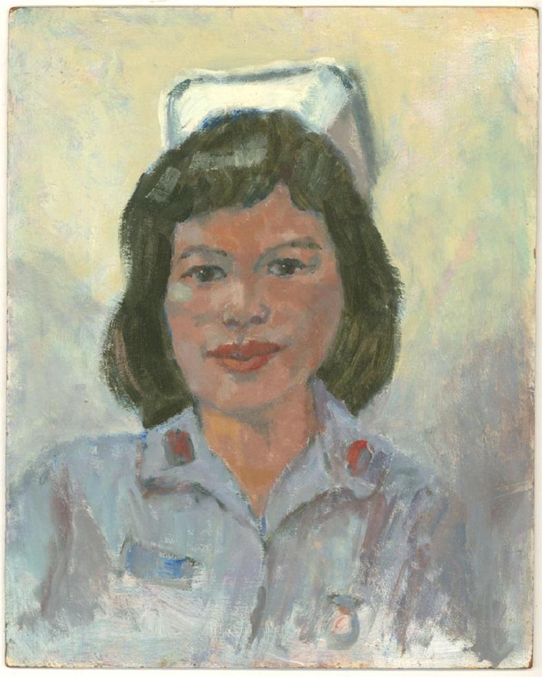 Barbara Doyle (b.1917) - Contemporary Oil, Smiling Nurse - Gray Portrait Painting by Unknown