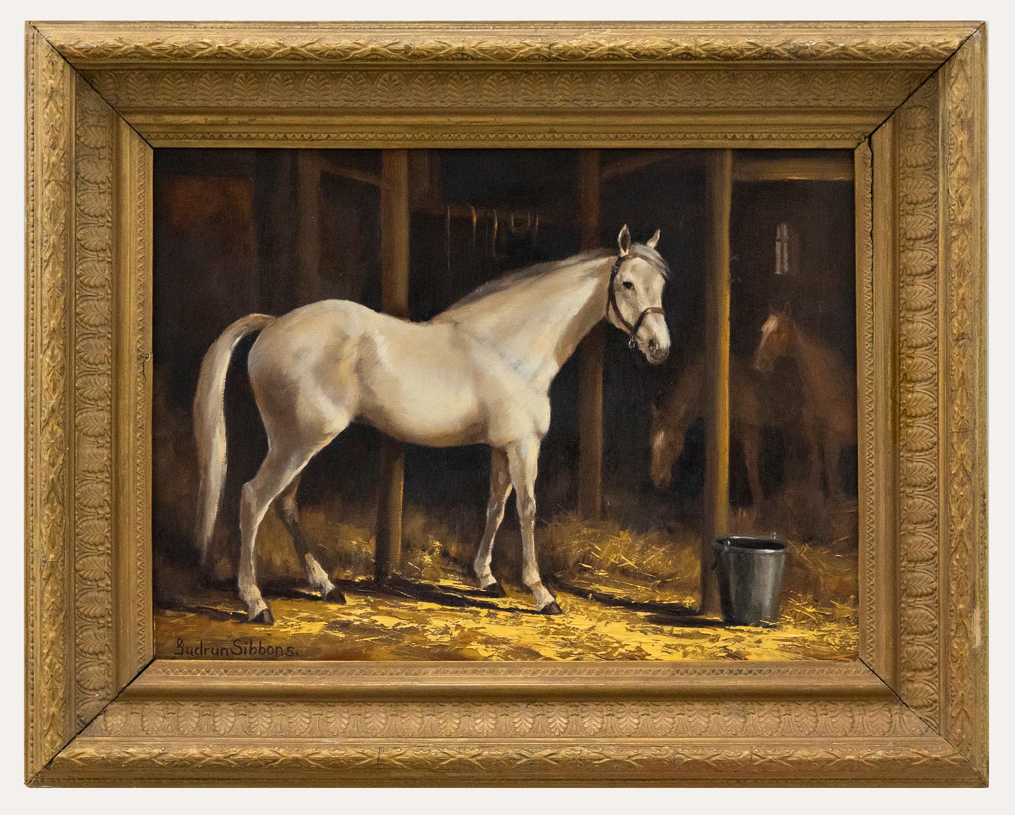 Unknown Animal Painting - Barbara Gudrun Sibbons (b.1925) - 20th Century Oil, Grey Horse in a Stable