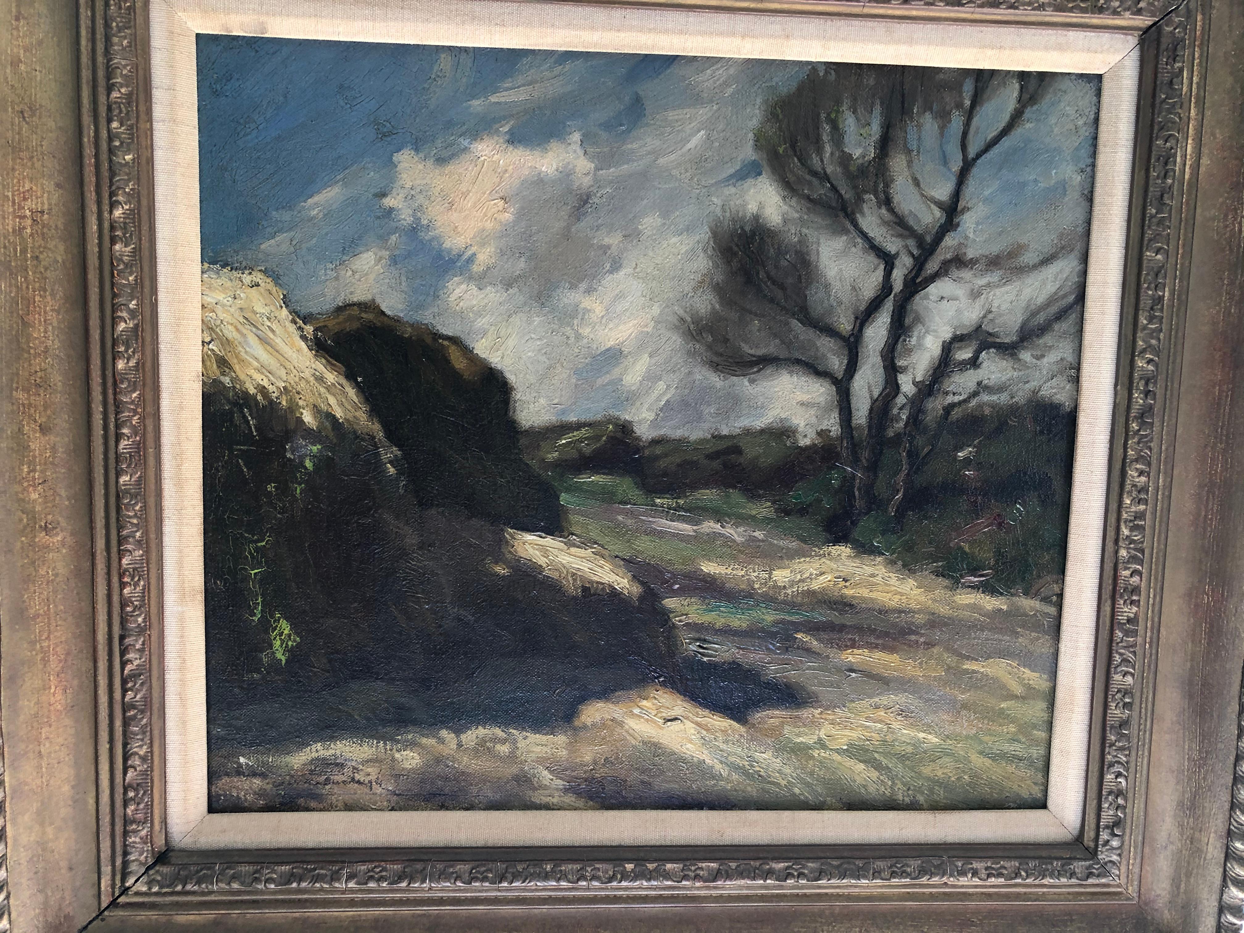 Fabulous late 19th or early 20th century oil on canvas. It looks to be in the style of the Barbizon School moving into impressionim. Most of the early French Impressionists were influenced by the Barbizon Painters. It is signed lower left but I