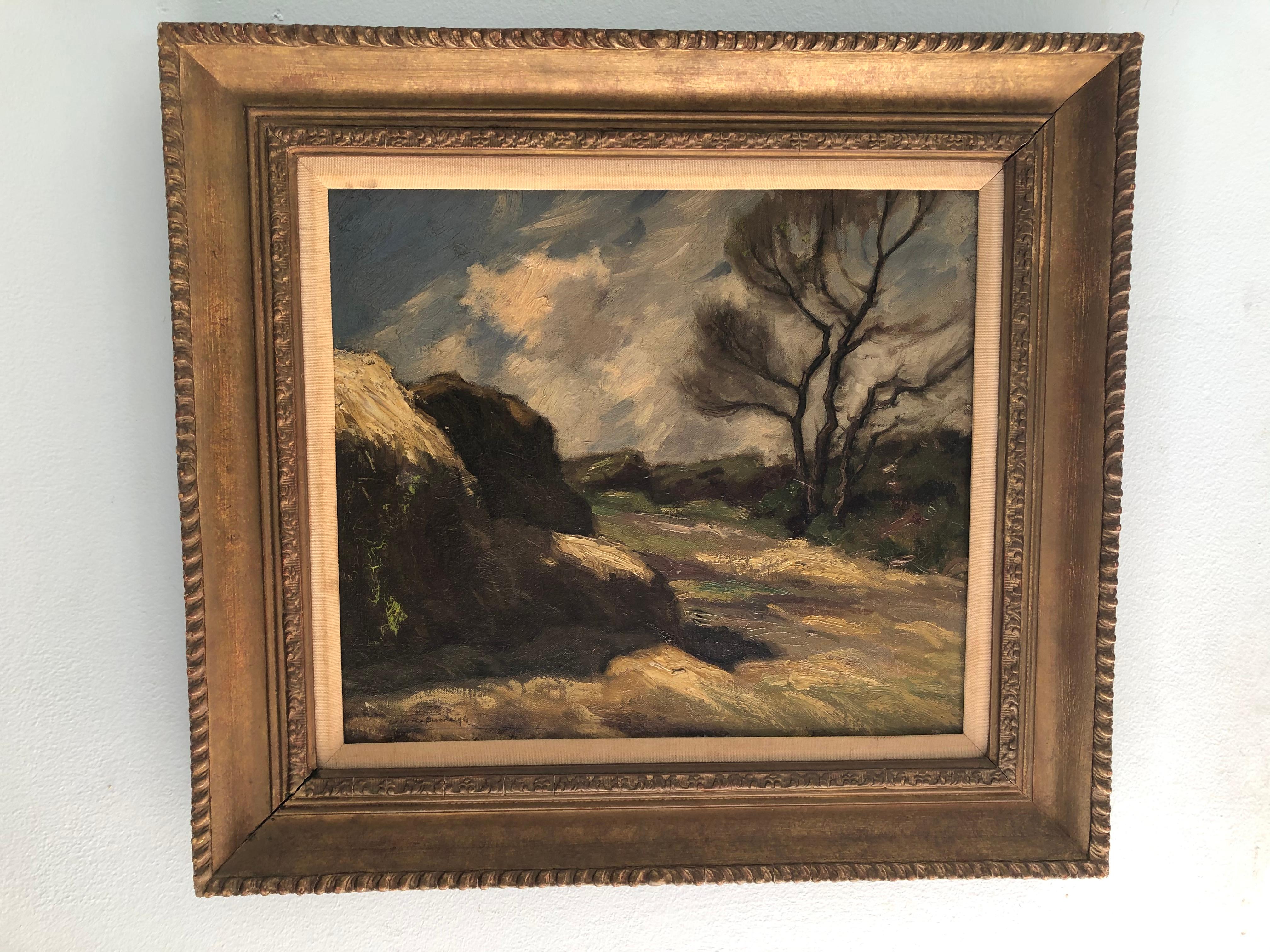 Landscape Painting Unknown - Paysage de l'école de Barbizon/Impressionnisme Haystack
