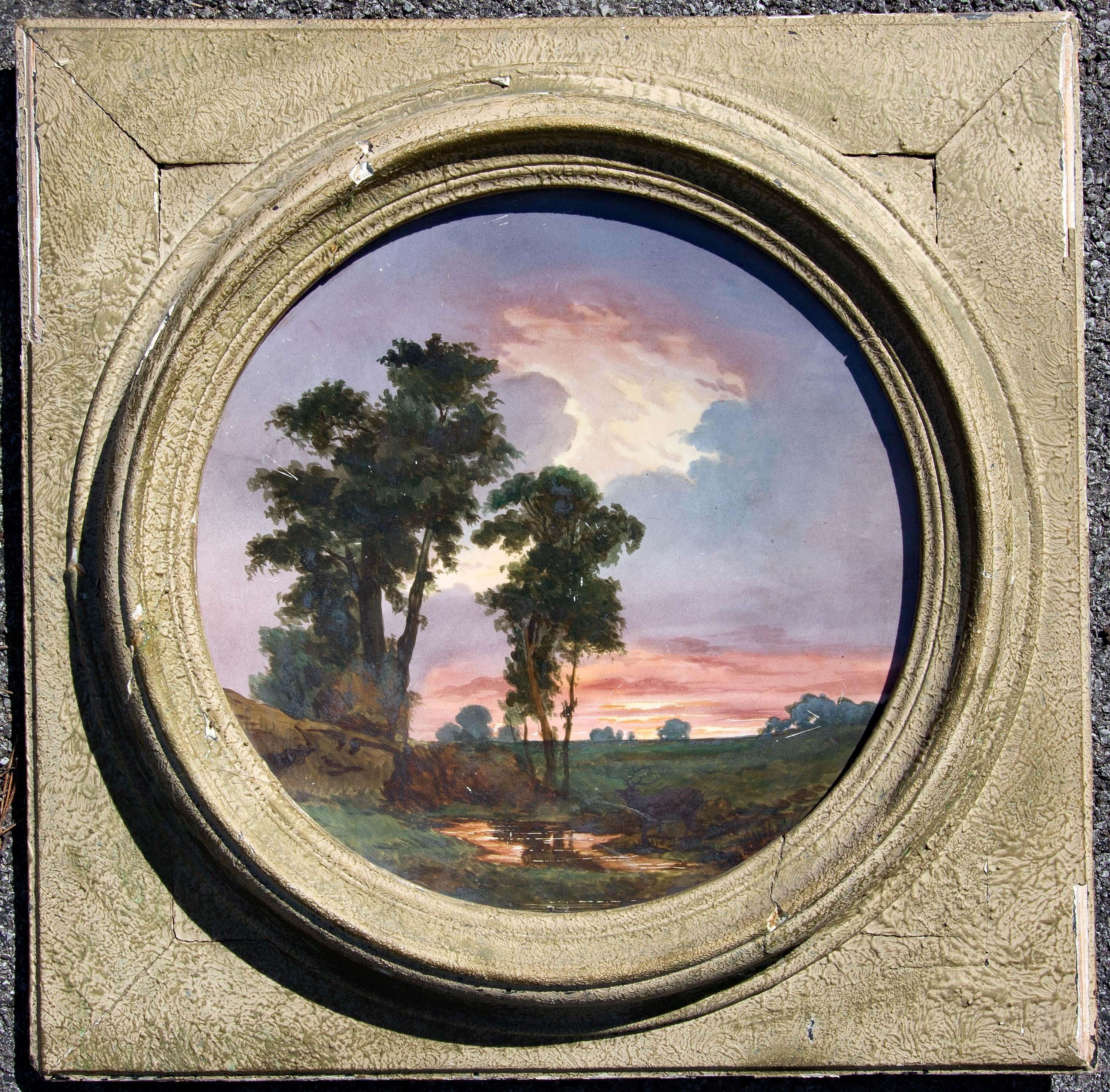 Barbizon landscape painting on porcelain. French. 19th century. Signed E. Millet. Porcelain measures 14.5" in diameter.