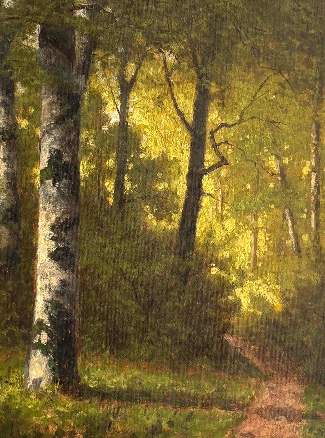 Questo luminoso olio su tela del XIX secolo cattura un sereno sentiero nel bosco punteggiato dalla luce dorata del pomeriggio. La magistrale pennellata dell'artista trasmette sia il peso e la consistenza delle betulle in primo piano che