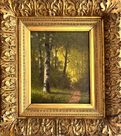 Pittura ad olio della Scuola di Barbizon del XIX secolo Sentiero di bosco illuminato dal sole Alberi di betulla con cornice