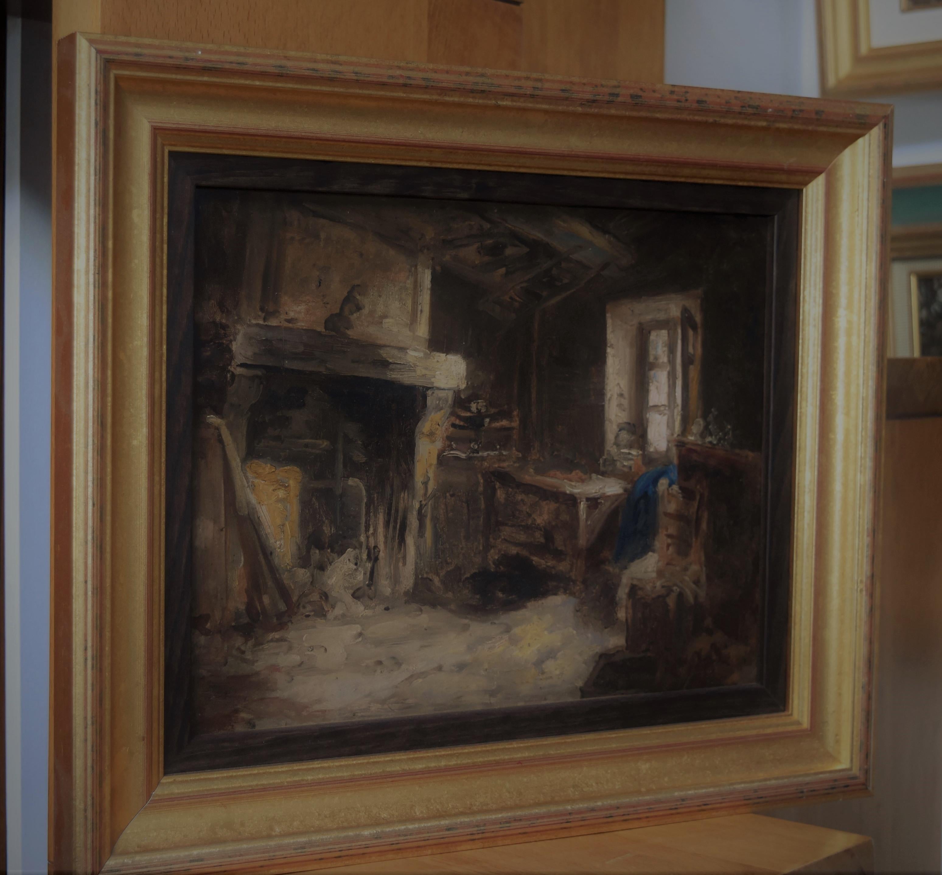 Barbizon School,
A Cottage interior 
Oil on paper mounted on cardboard 
24.5 x 32 cm 
in a modern frame 36 x 43.5 cm (some small losses in the gilding on the upper edges, see photographs please)

This painting has been attributed to Charles Jacque