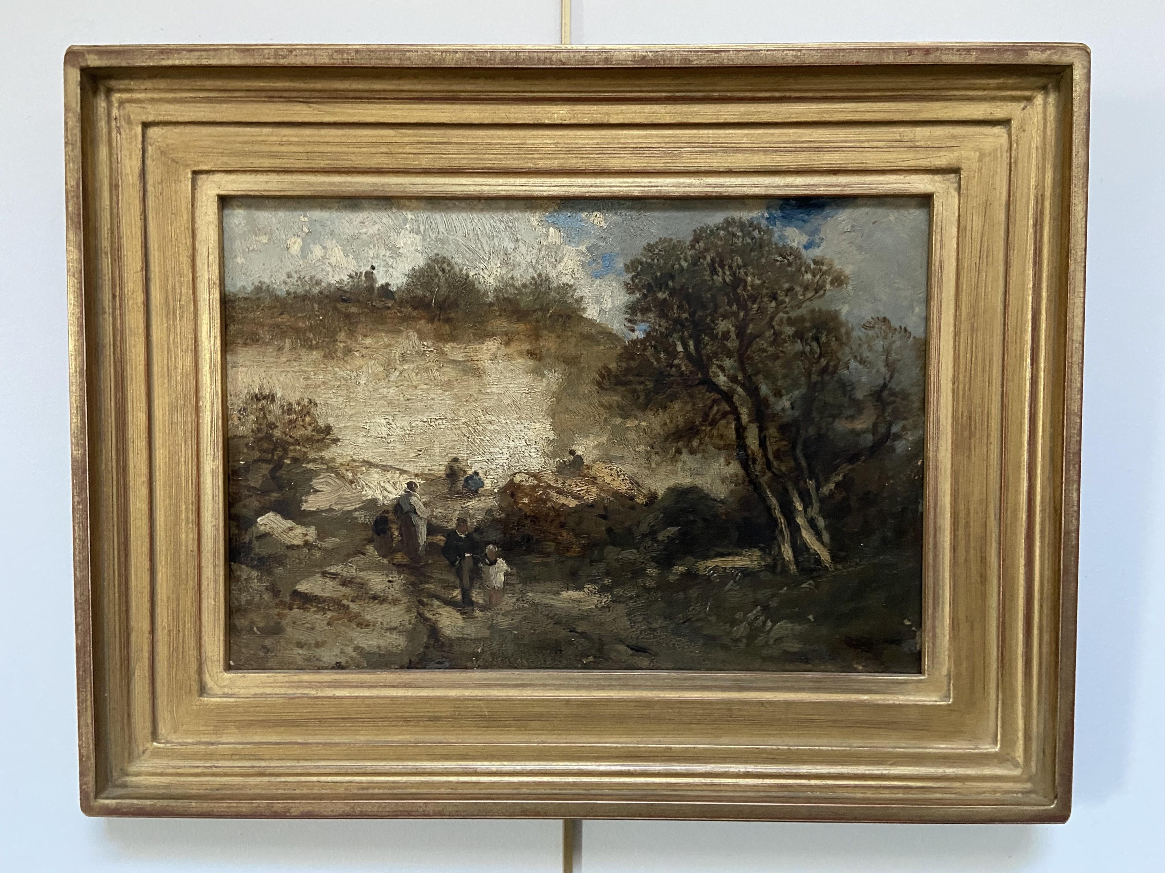 Scuola di Barbizon, Paesaggio di Fontainebleau con passeggiatori, olio su tela - Painting di Unknown
