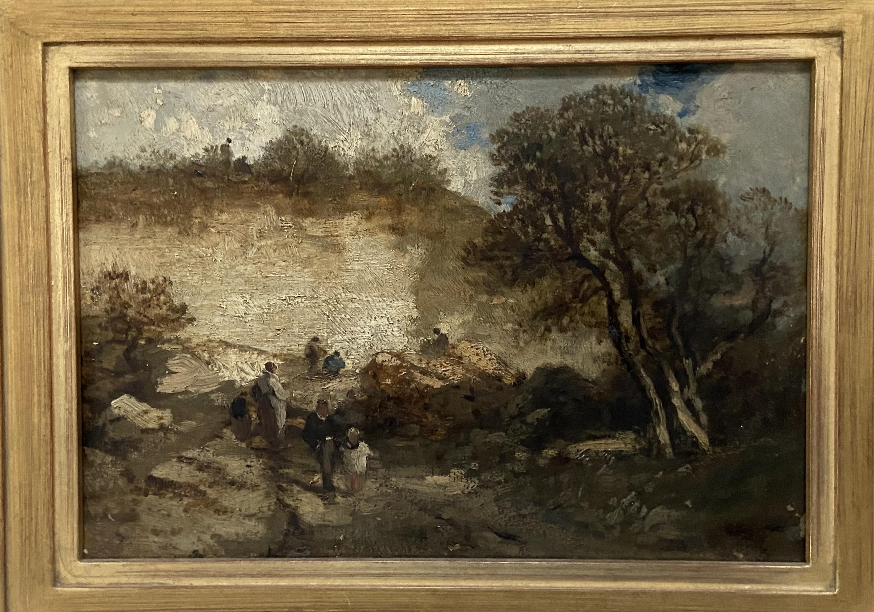 Scuola di Barbizon, Paesaggio di Fontainebleau con passeggiatori, olio su tela - Landscape Painting Nero di Unknown