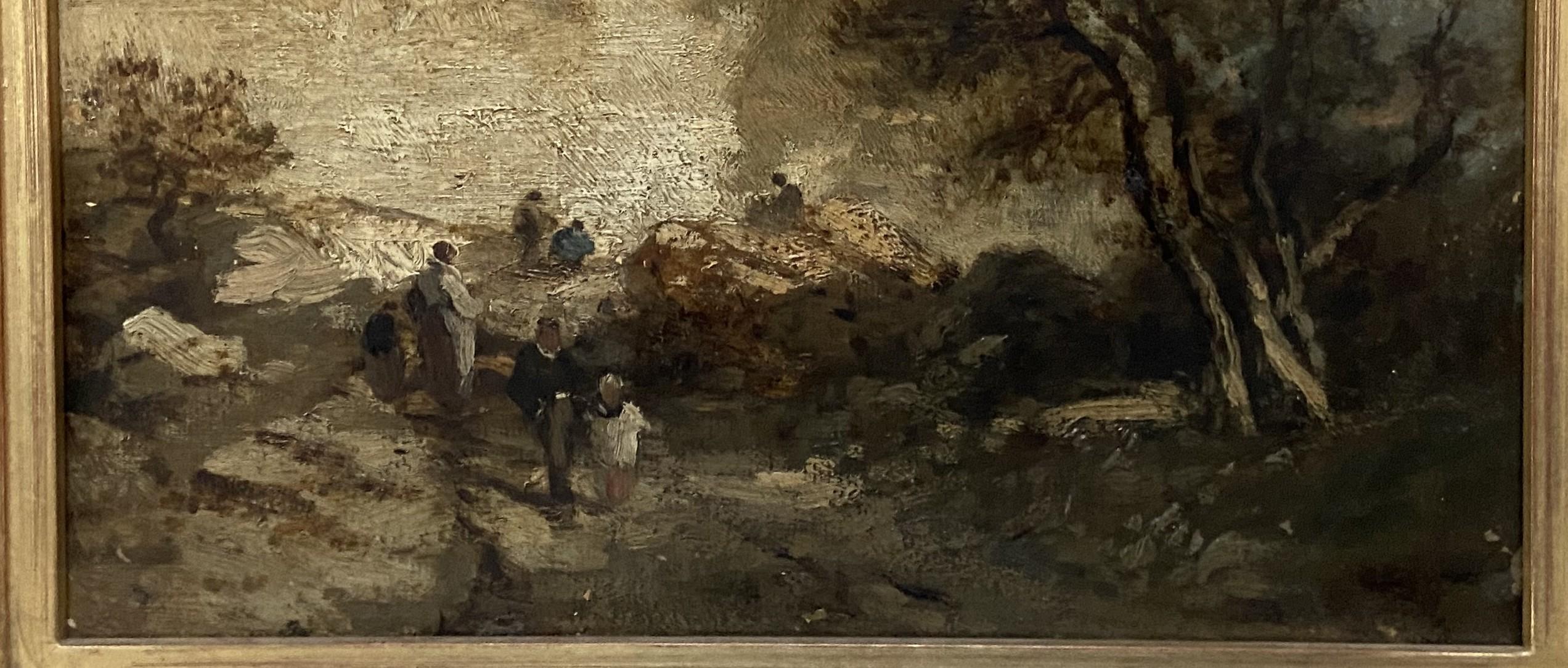 Scuola di Barbizon, Francia circa 1850
Paesaggio di Fontainebleau con escursionisti
Olio su tela
21.5 x 31 cm
Incorniciato : 32 x 41,5 cm
In buone condizioni, alcune piccole mancanze dovute all'abrasione della cornice, soprattutto sul bordo destro e