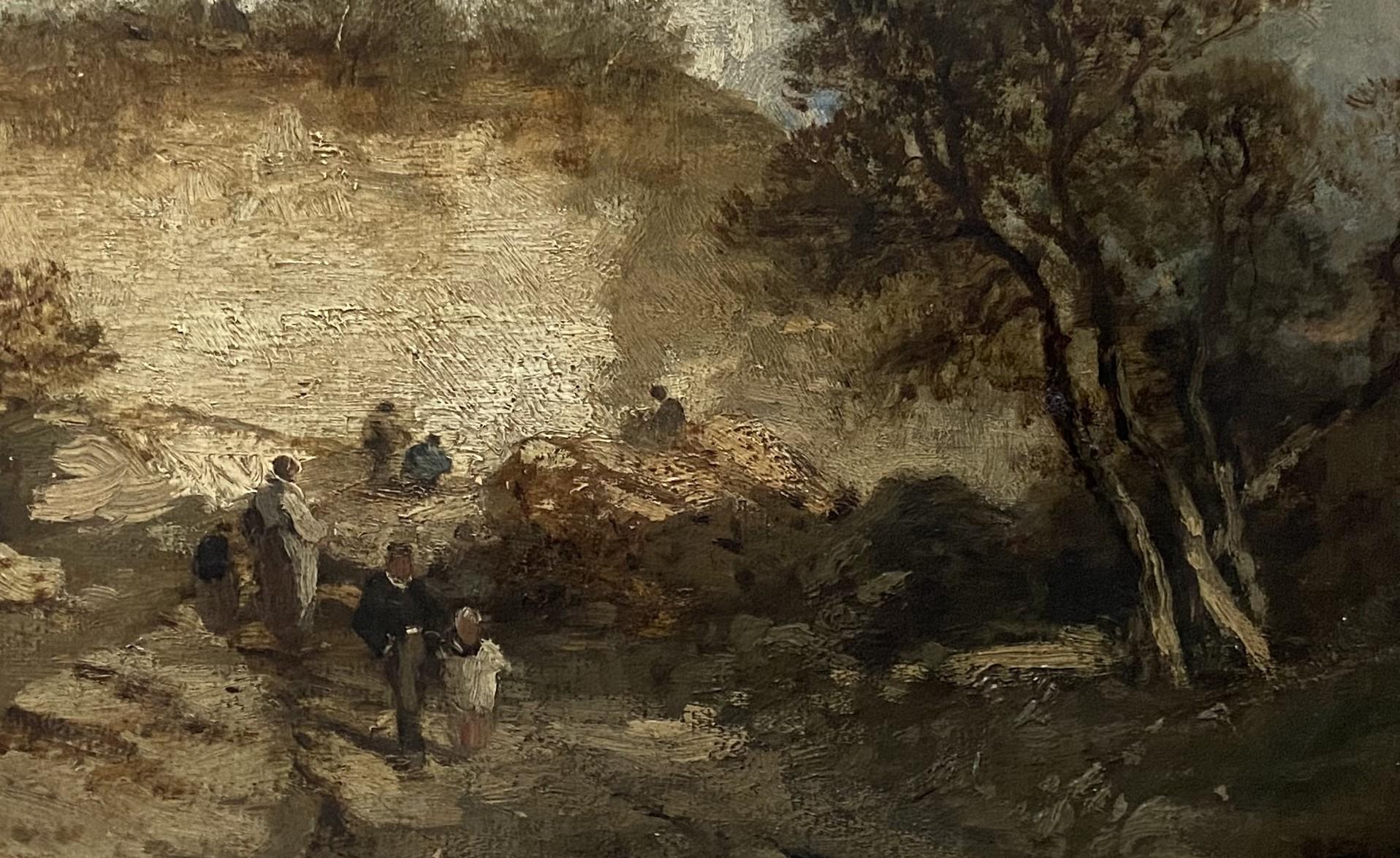 Scuola di Barbizon, Paesaggio di Fontainebleau con passeggiatori, olio su tela in vendita 1