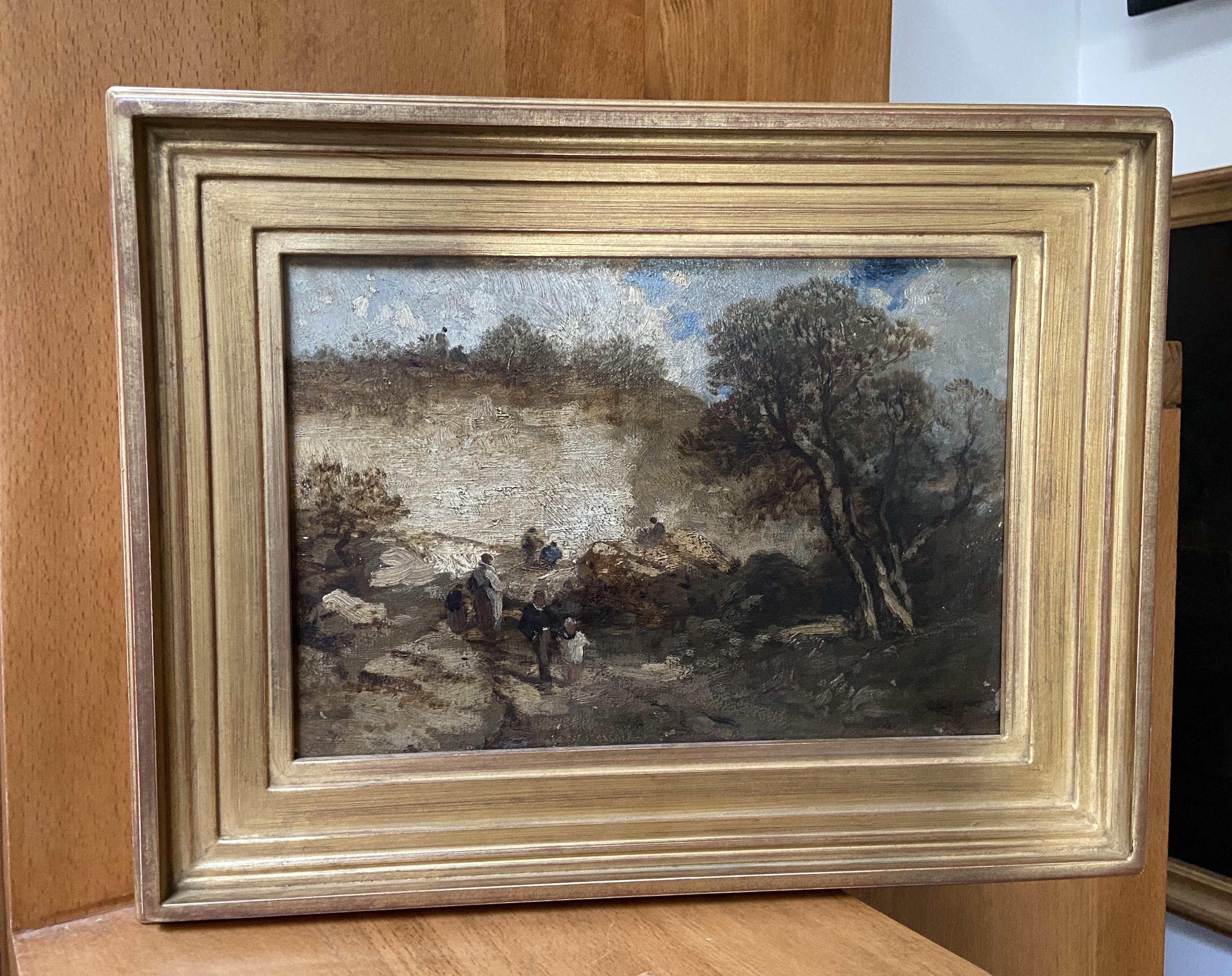 Scuola di Barbizon, Paesaggio di Fontainebleau con passeggiatori, olio su tela in vendita 3
