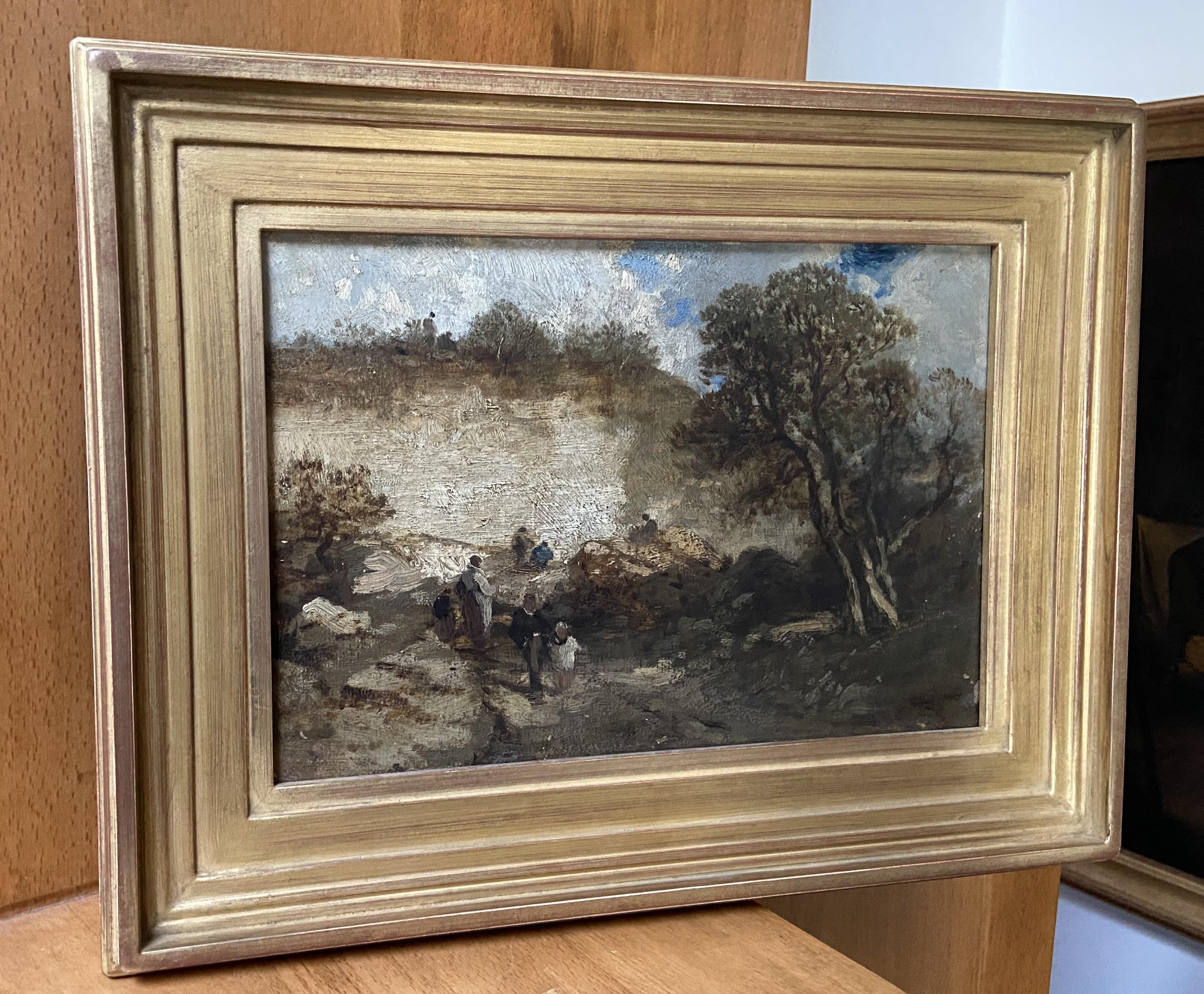 Scuola di Barbizon, Paesaggio di Fontainebleau con passeggiatori, olio su tela in vendita 4
