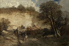 Scuola di Barbizon, Paesaggio di Fontainebleau con passeggiatori, olio su tela