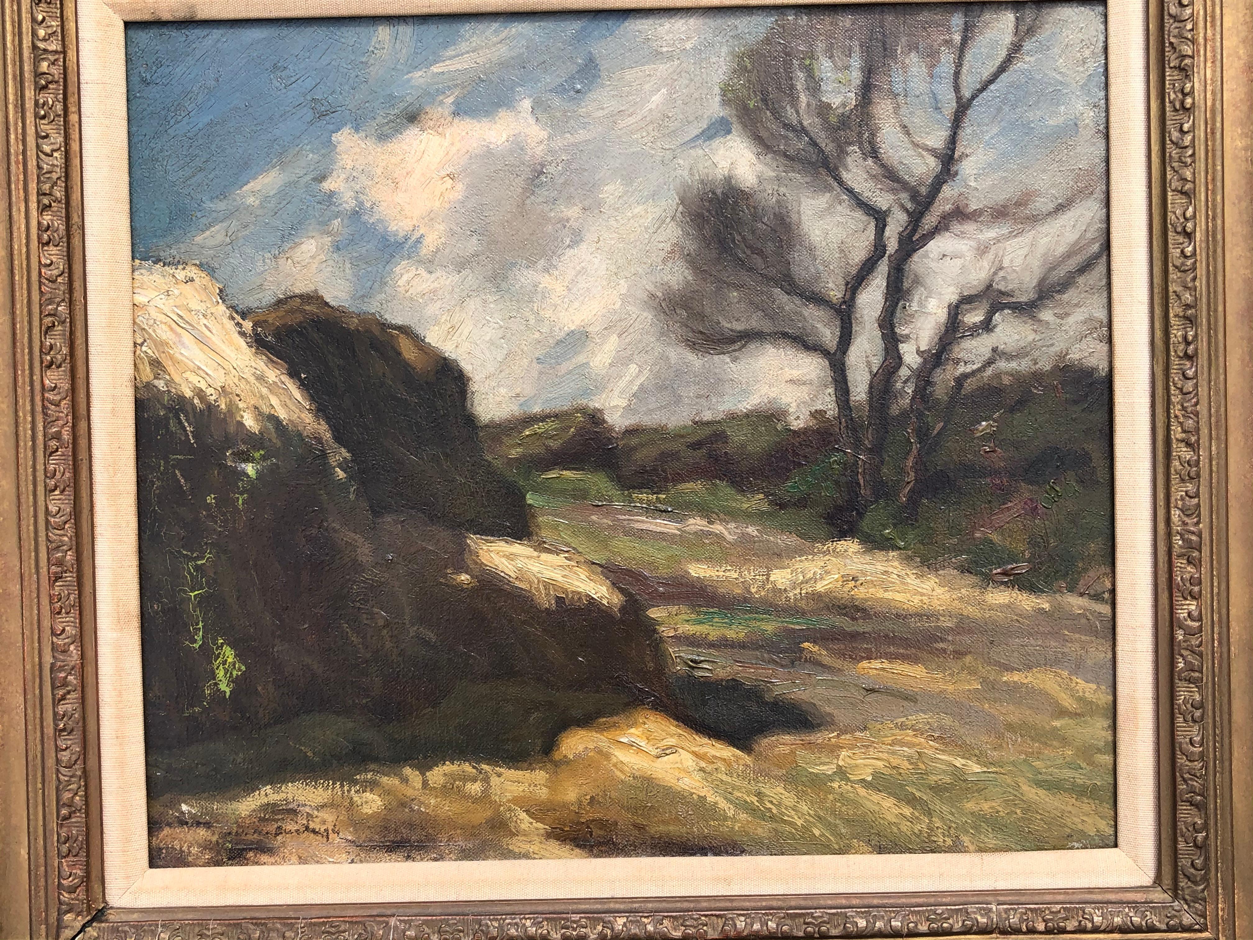 Paysage de l'école de Barbizon/Impressionnisme Haystack - Marron Landscape Painting par Unknown