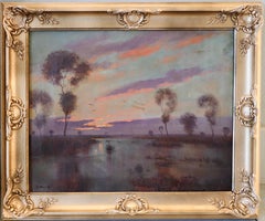 Barbizon Style oil painting, Sunset over a river landscape impressionist 1938