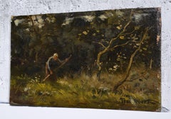 Barbizonian Landscape with Woman Mowing 19th century Oil Painting on Wood Panel