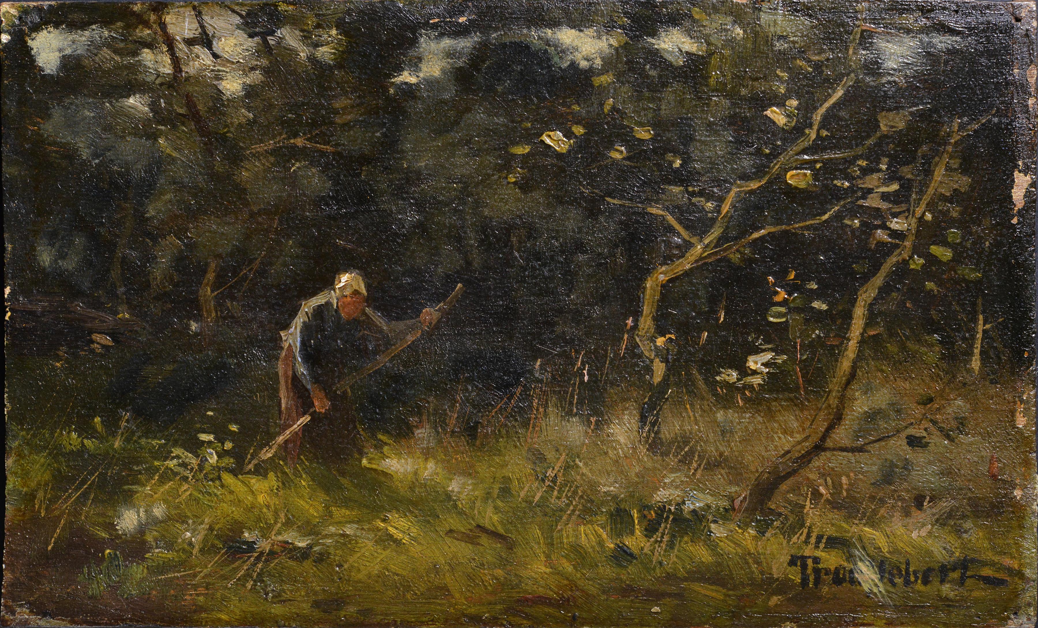 Unknown Landscape Painting - Barbizonian Landscape with Woman Mowing 19th century Oil Painting on Wood Panel