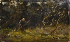 Barbizonian Landscape with Woman Mowing 19th century Oil Painting on Wood Panel