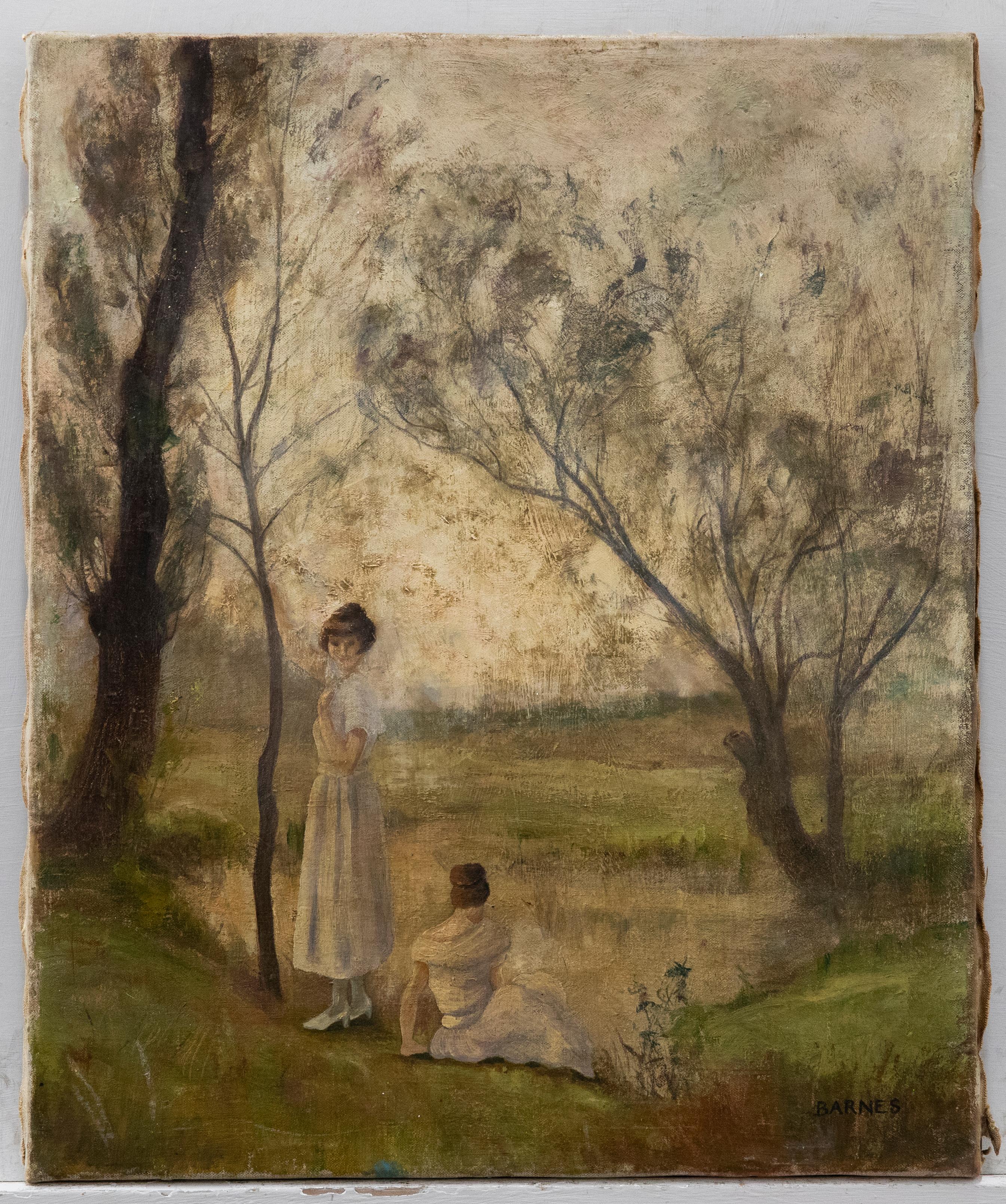 Barnes - Early 20th Century Oil, Two Girls Beside a Lake - Painting by Unknown