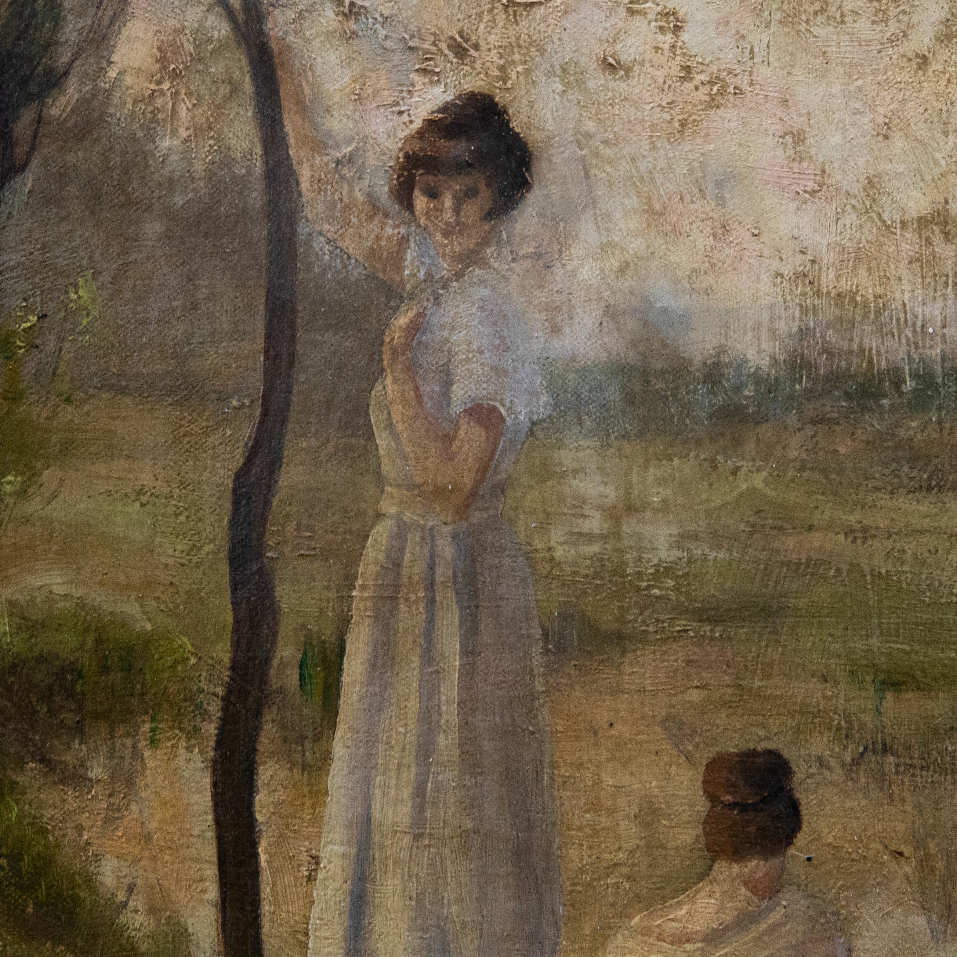 Barnes - Early 20th Century Oil, Two Girls Beside a Lake For Sale 1