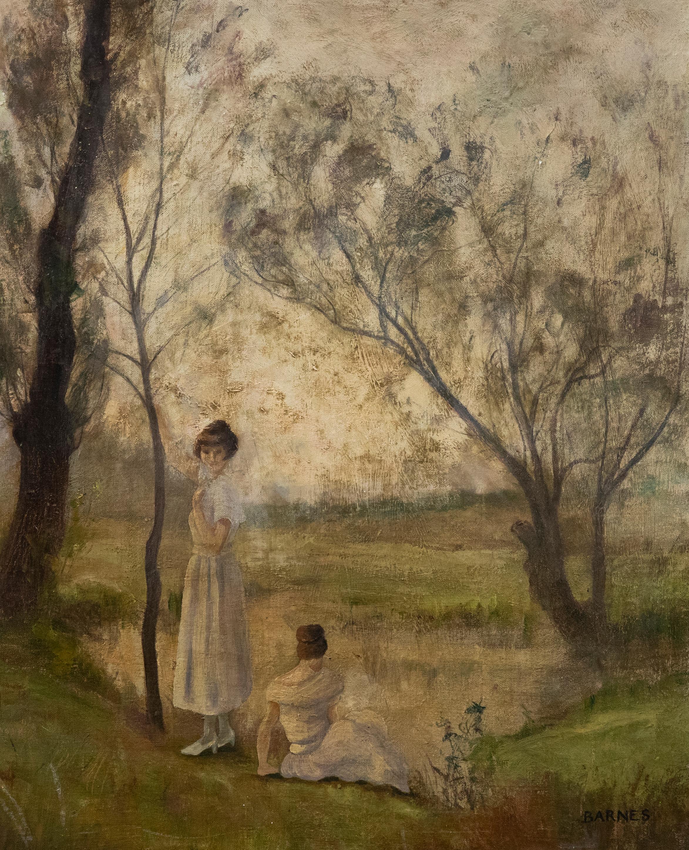 Unknown Landscape Painting – Barnes – Ölgemälde, Zwei Mädchen neben einem See, frühes 20. Jahrhundert