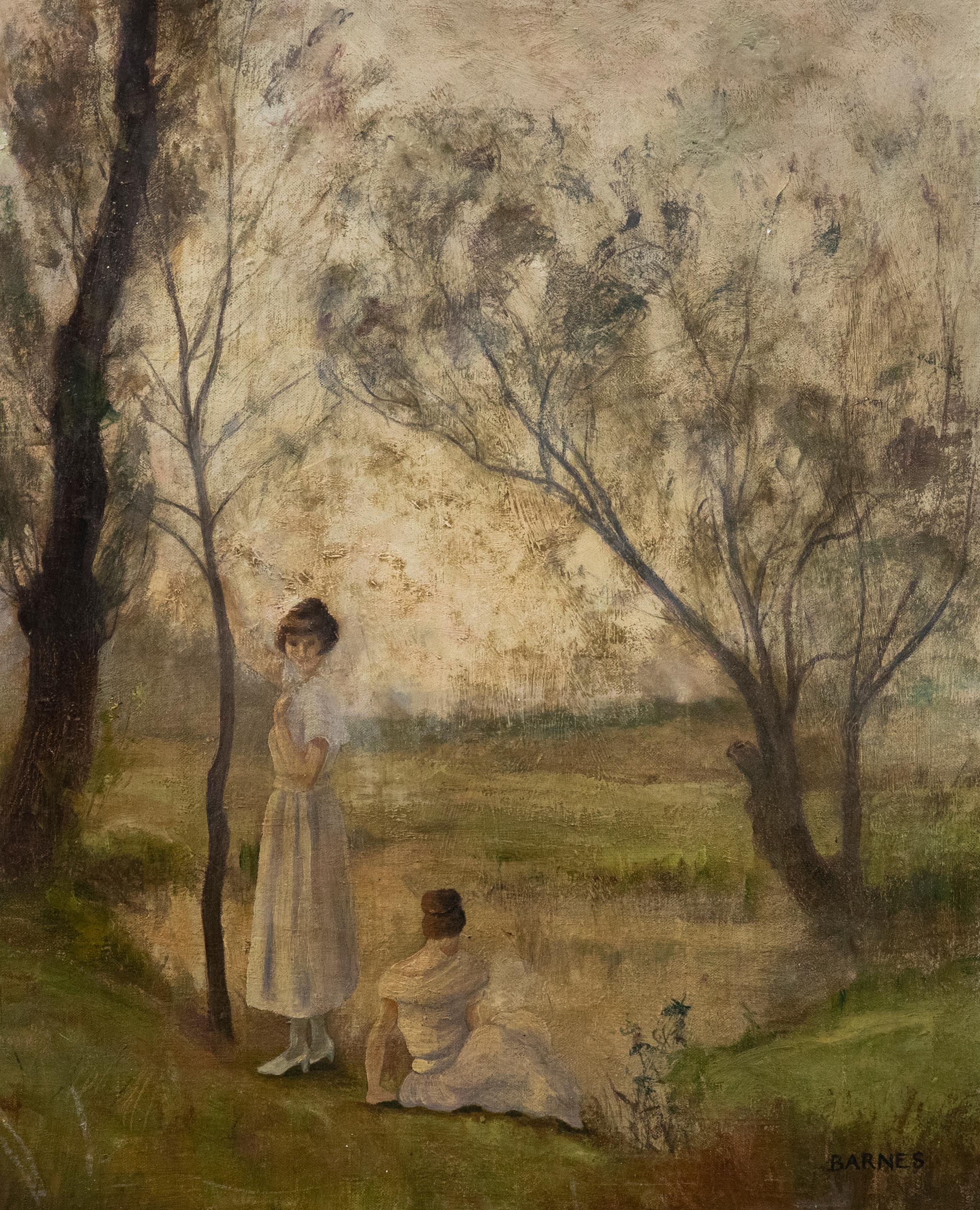 Unknown Landscape Painting - Barnes - Early 20th Century Oil, Two Girls Beside a Lake