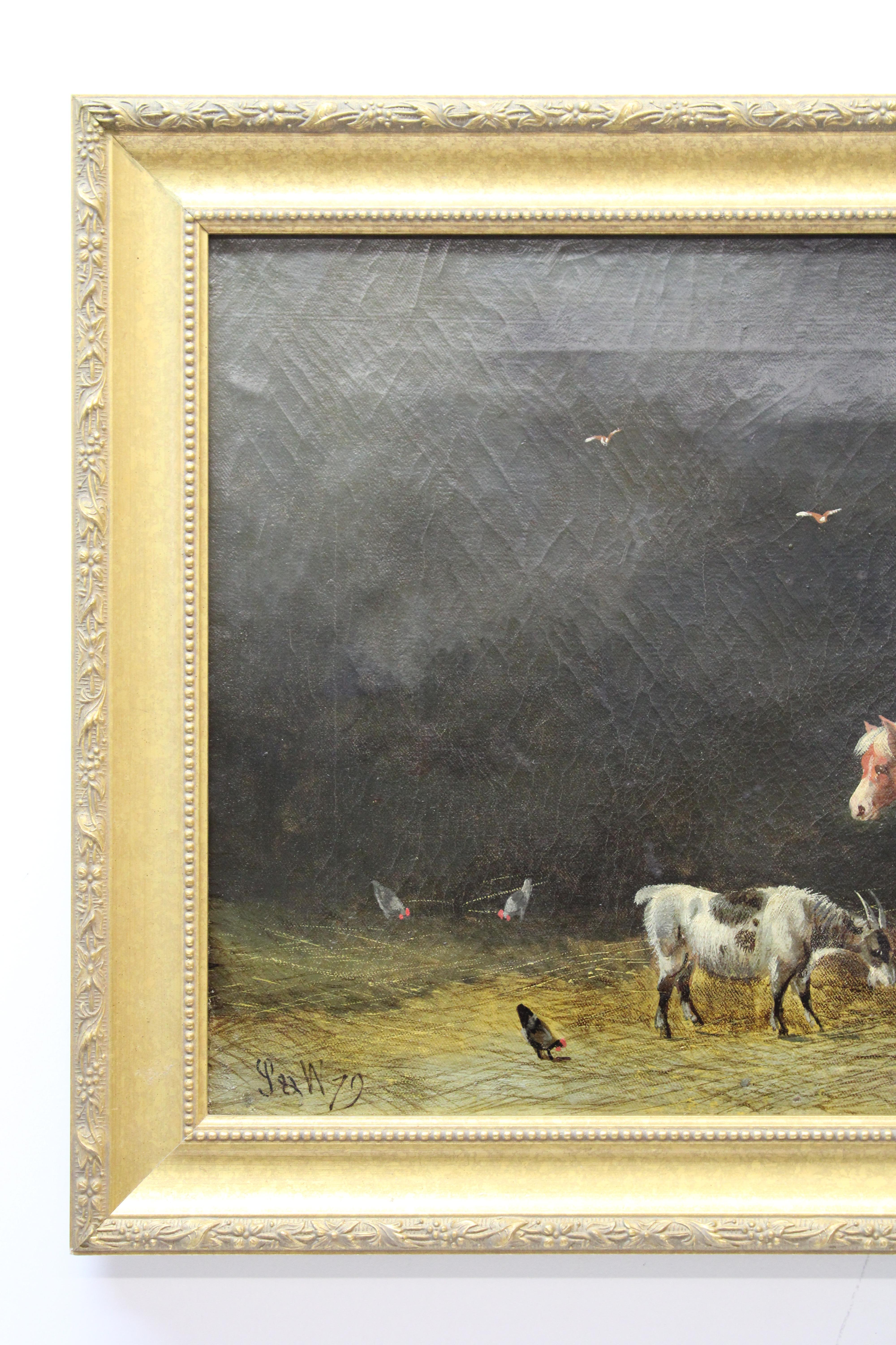 Charming 19th C. barnyard interior scene with your typical barn animals including horses, a goat, and a few hens.  Signed lower right with monogram and dated '79 (1879).  Artist possibly John Alfred Wheeler.

Painting dimensions: 14