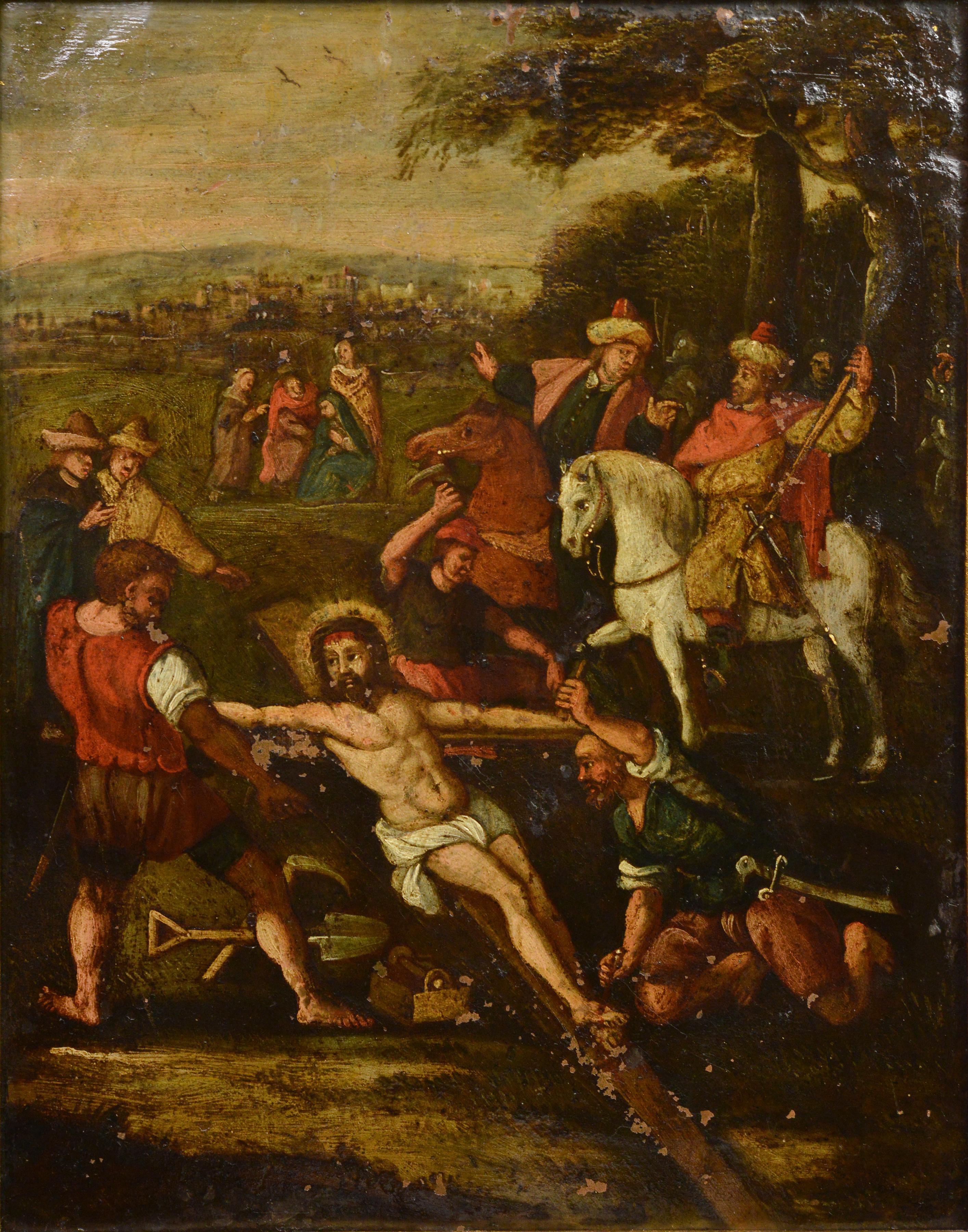Scena di calvario barocca dipinta a olio su rame di scuola fiamminga, 17th Century - Painting di Unknown