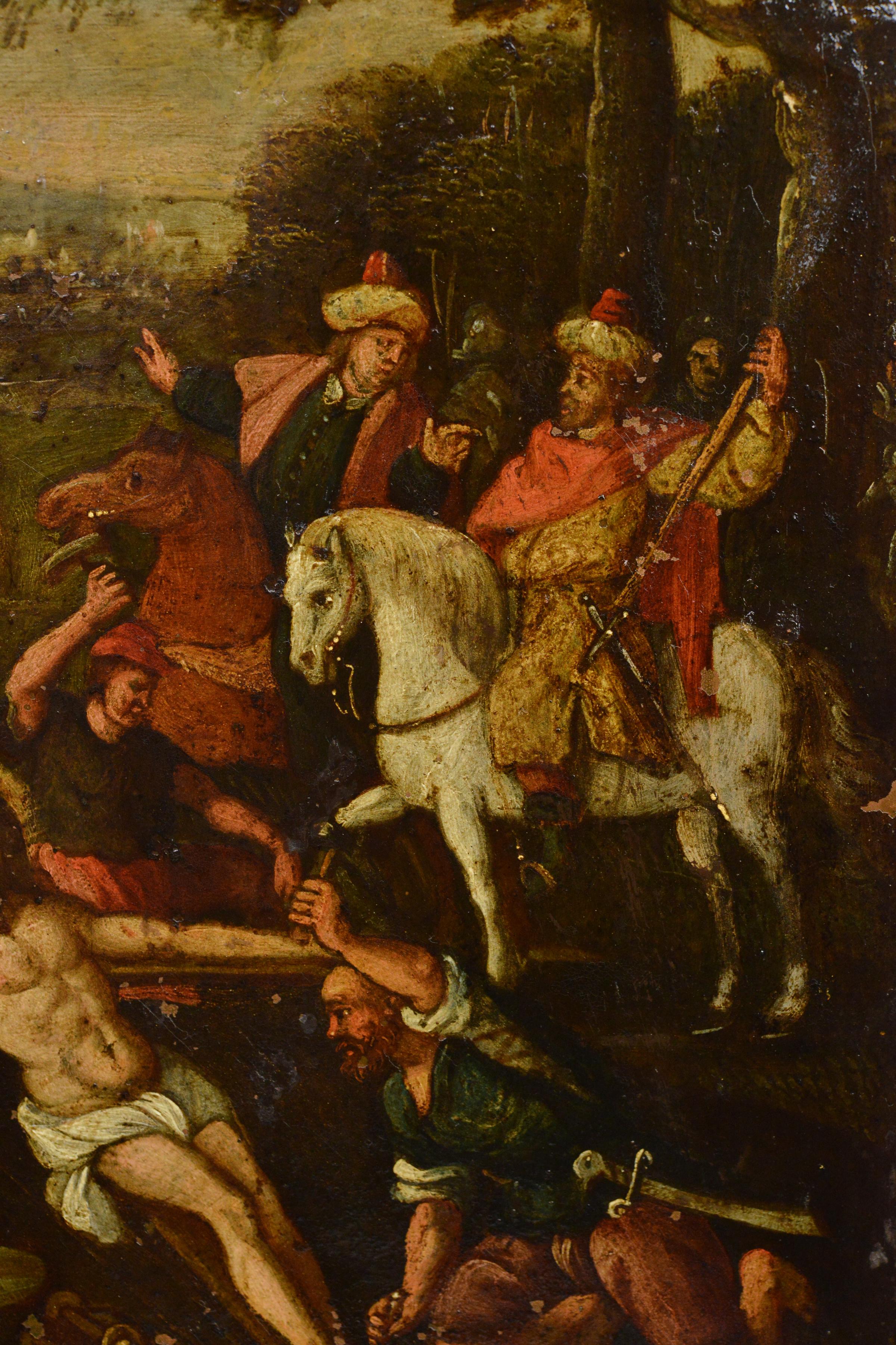 Scena di calvario barocca dipinta a olio su rame di scuola fiamminga, 17th Century - Portrait Painting Marrone di Unknown