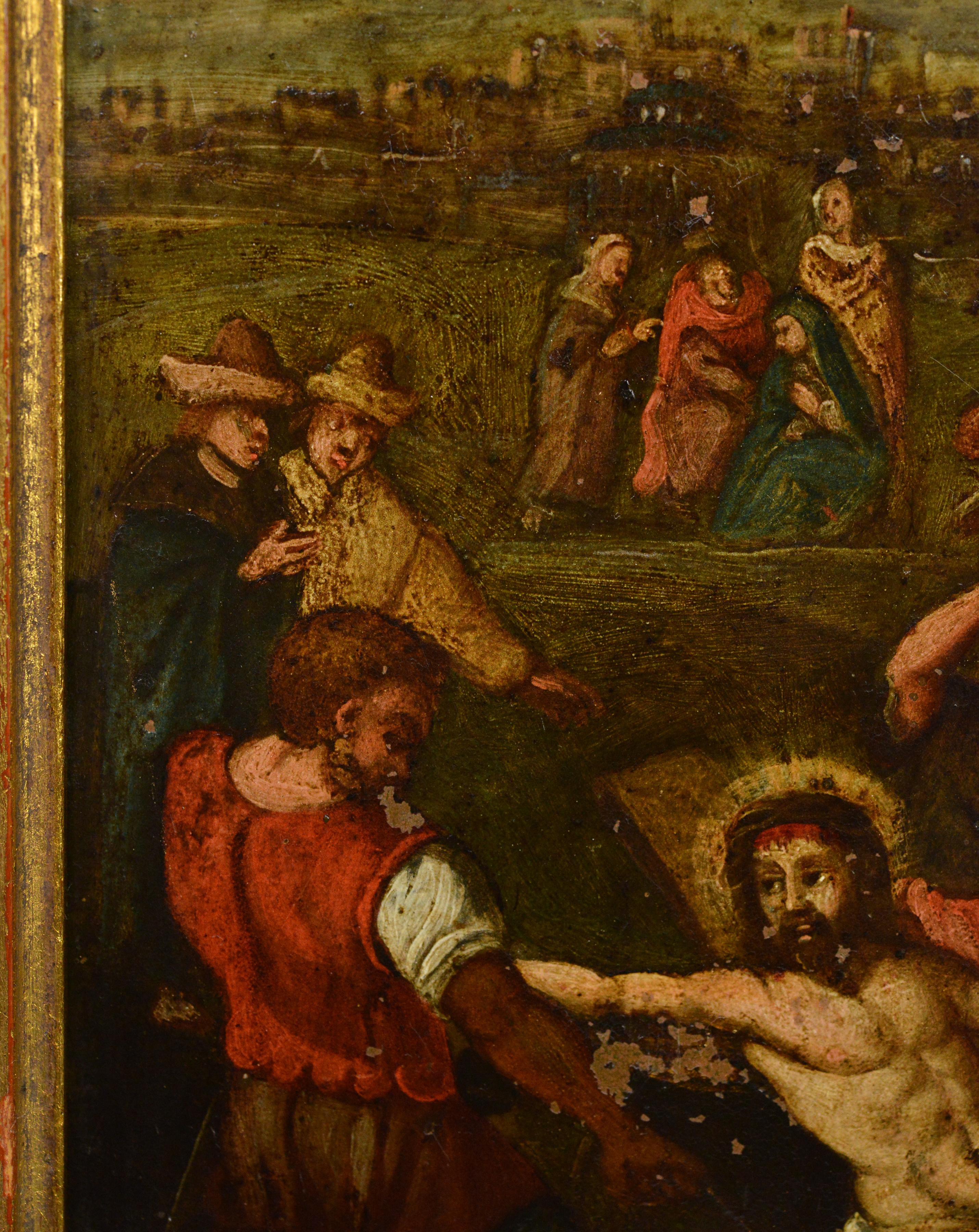 Scena di calvario barocca dipinta a olio su rame di scuola fiamminga, 17th Century 1