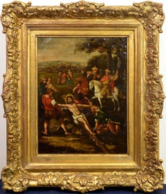Scena di calvario barocca dipinta a olio su rame di scuola fiamminga, 17th Century