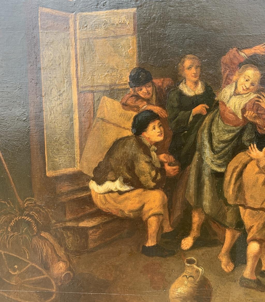 Dutch painter (18th-19th century) - The spanking.

60 x 99 cm without frame, 67 x 106 cm with frame.

Antique oil painting on wood, without frame.

Condition report: Wooden support subjected to parquet. Good state of conservation of the pictorial