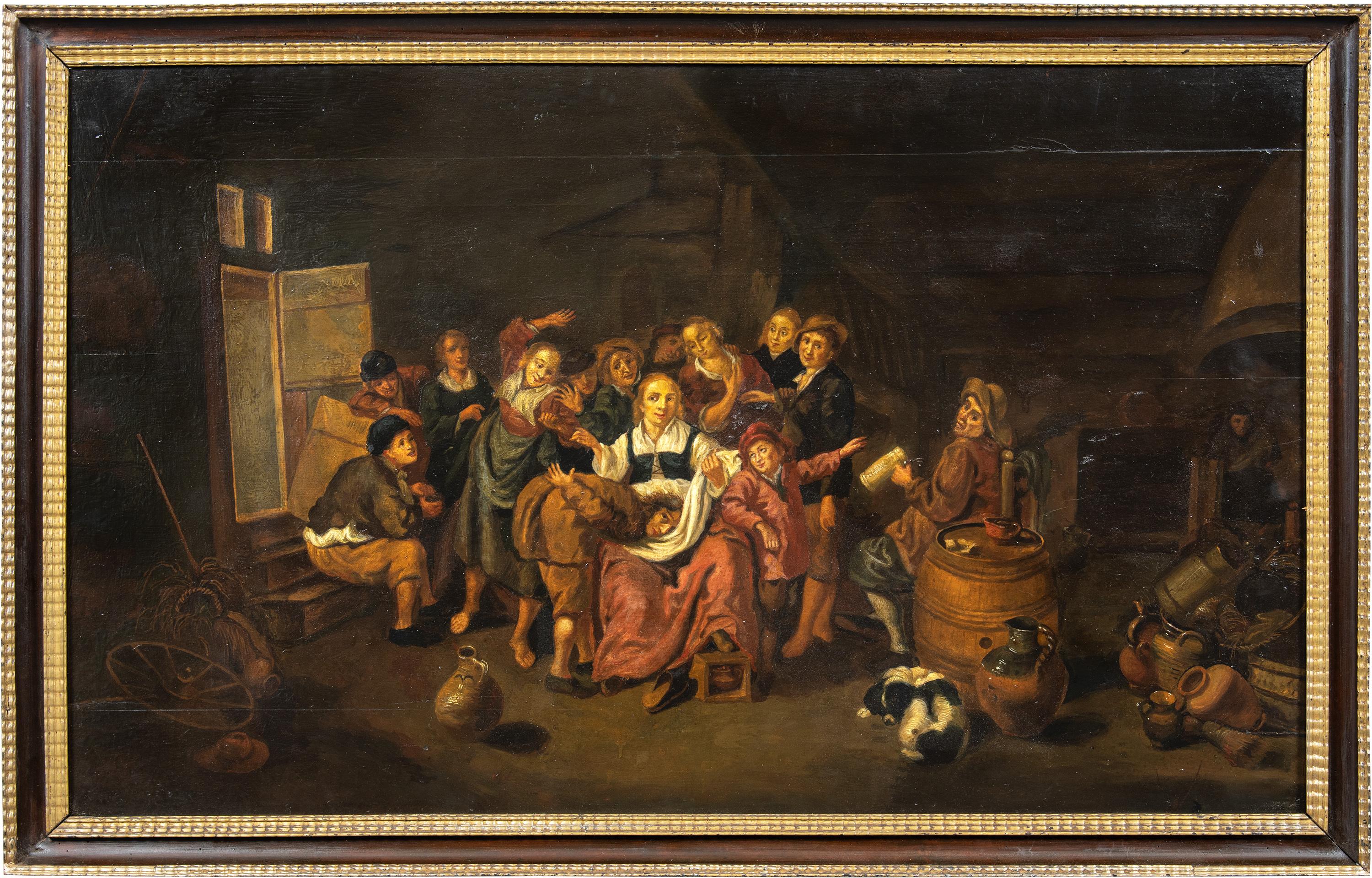 Baroque Dutch painter - Late 18th century figure painting - Inn Interior - Oil o