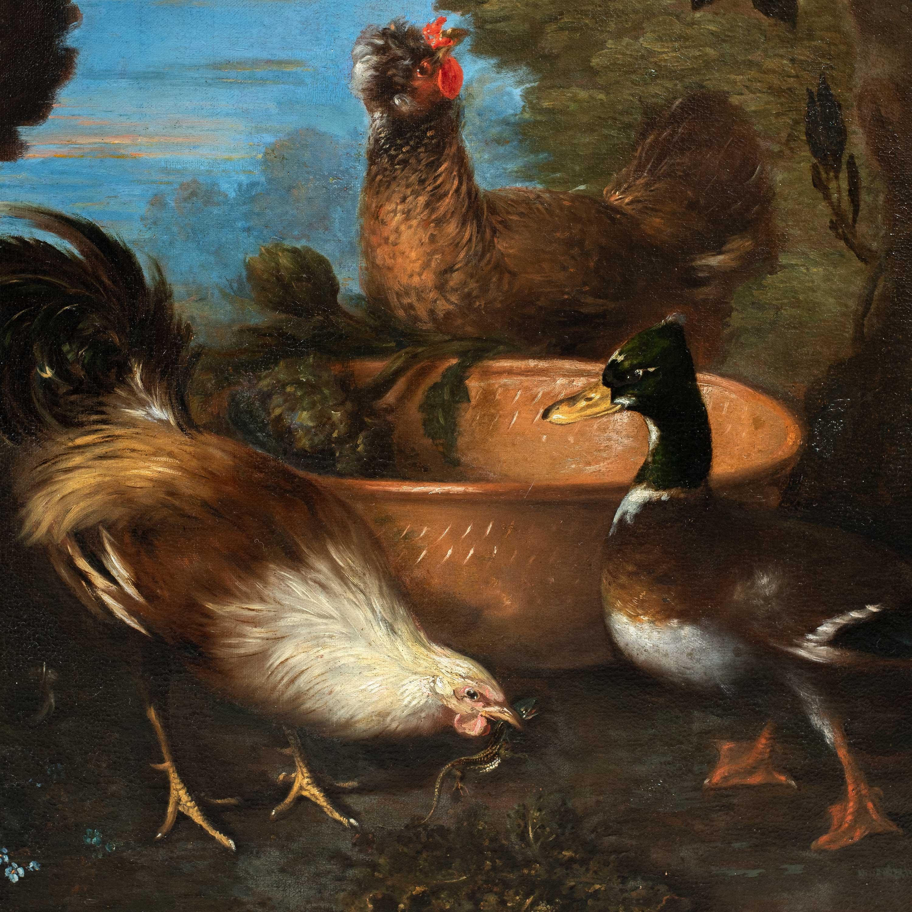 Baroque Flemish master - 17th century animal painting - Live nature turkey ducks - Black Animal Painting by Unknown