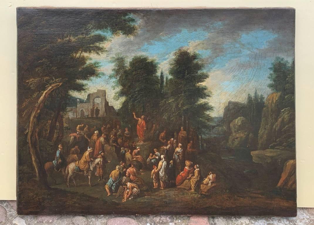 Flemish master active in Italy (17th century) - St. John the Baptist Sermon in a Landscape.

58 x 73.5 cm.

Old oil painting on canvas, unframed (not signed).

Condition report: Lined canvas. The painted surface is in good condition, with signs of