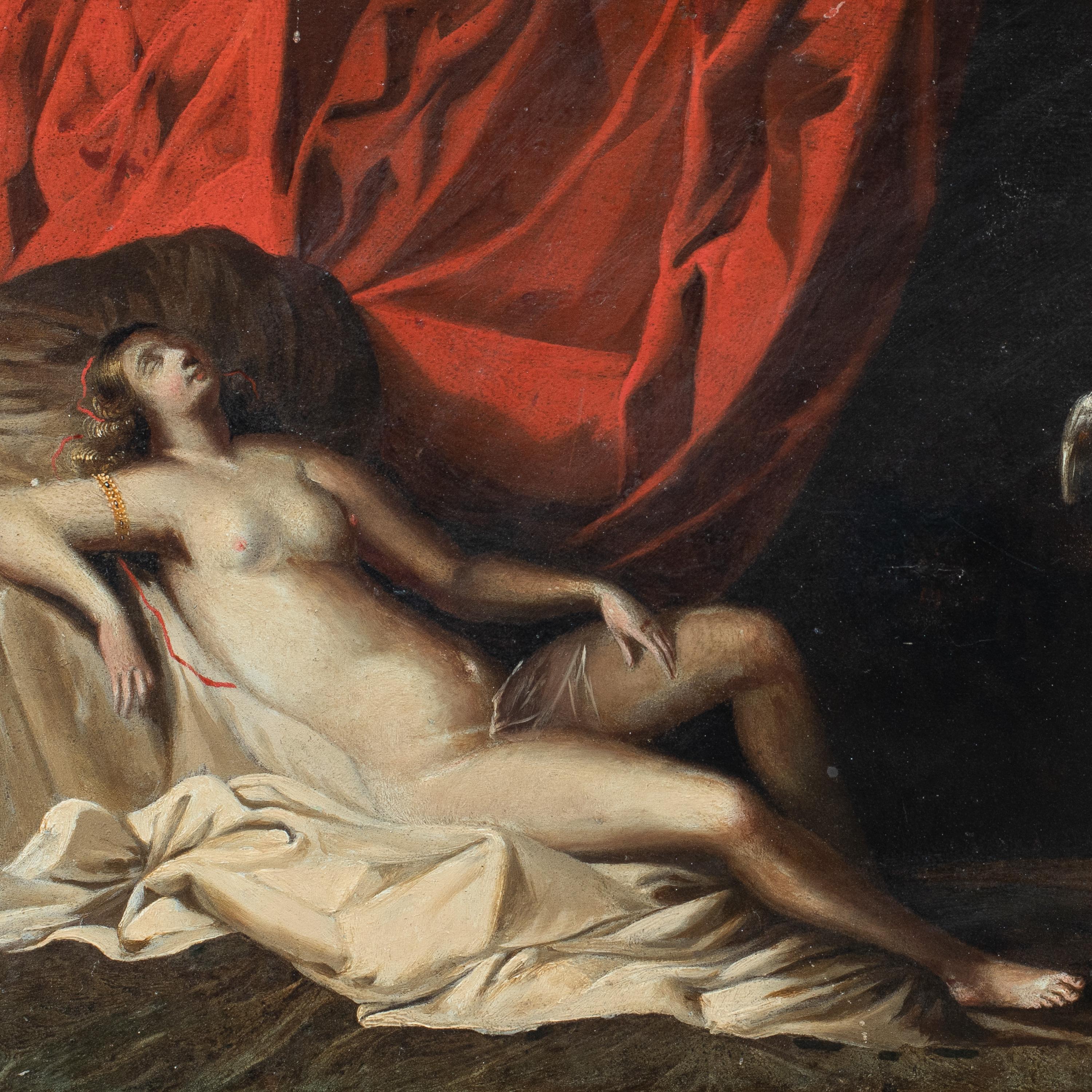 Maestro barroco italiano - Pintura figurativa del siglo XVII - Dánae cupido - Tabla al óleo - Painting de Unknown