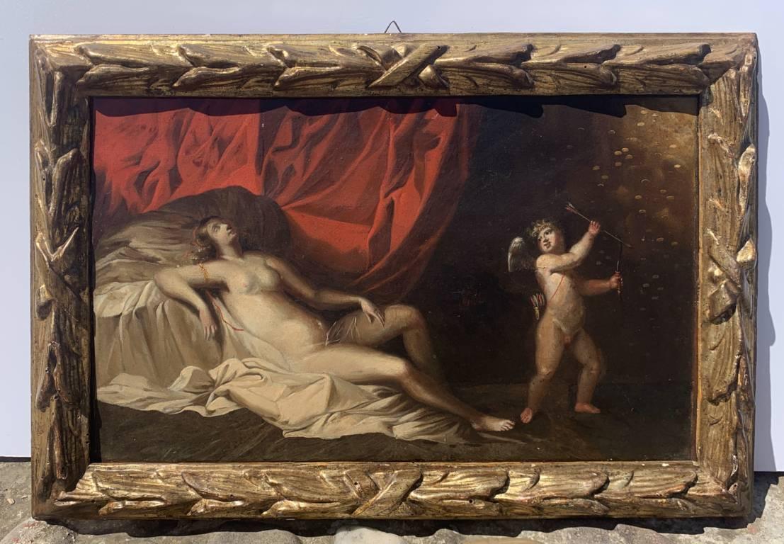 Maestro barroco italiano - Pintura figurativa del siglo XVII - Dánae cupido - Tabla al óleo - Painting Barroco de Unknown