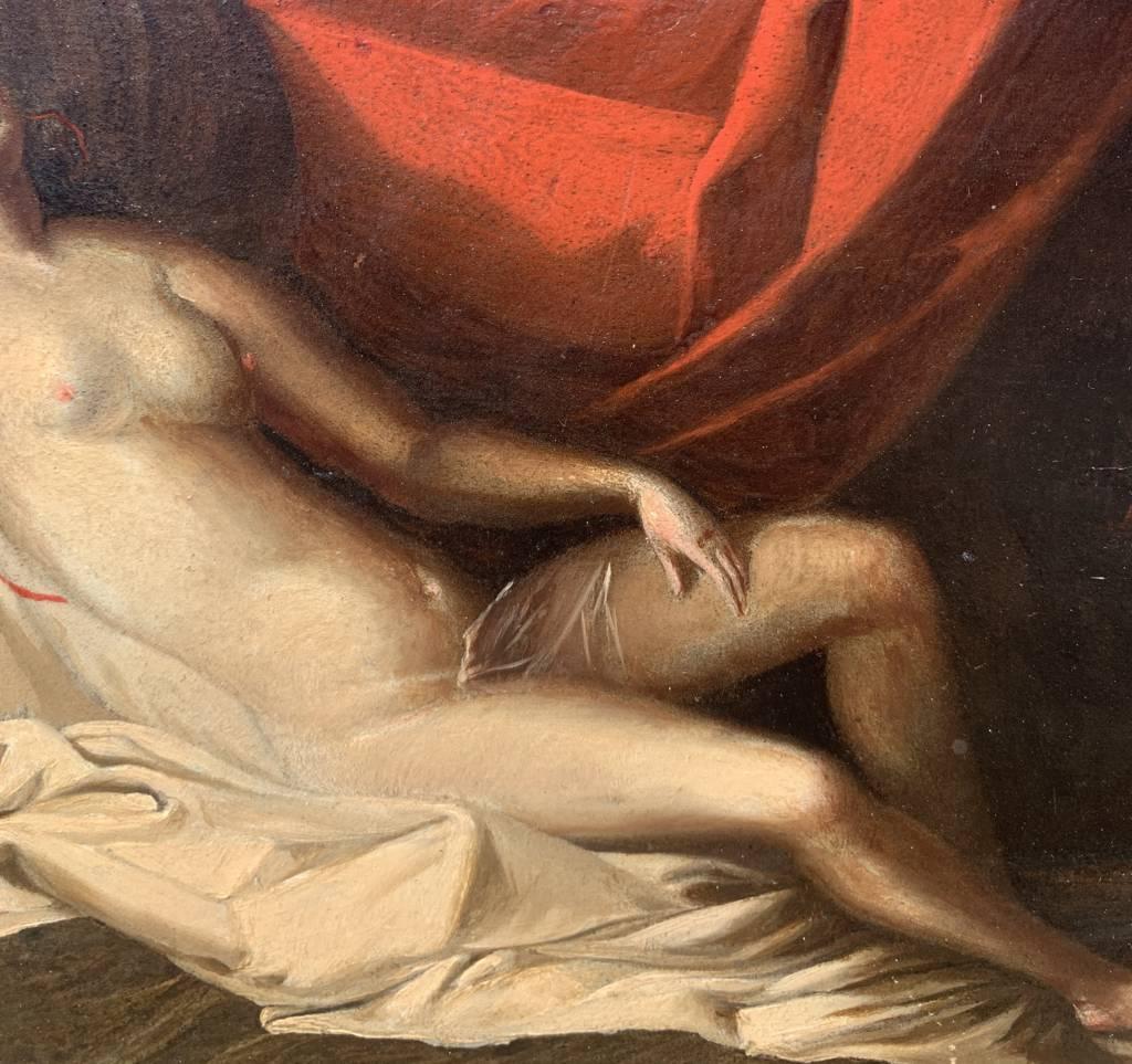 Maestro barroco italiano - Pintura figurativa del siglo XVII - Dánae cupido - Tabla al óleo en venta 2