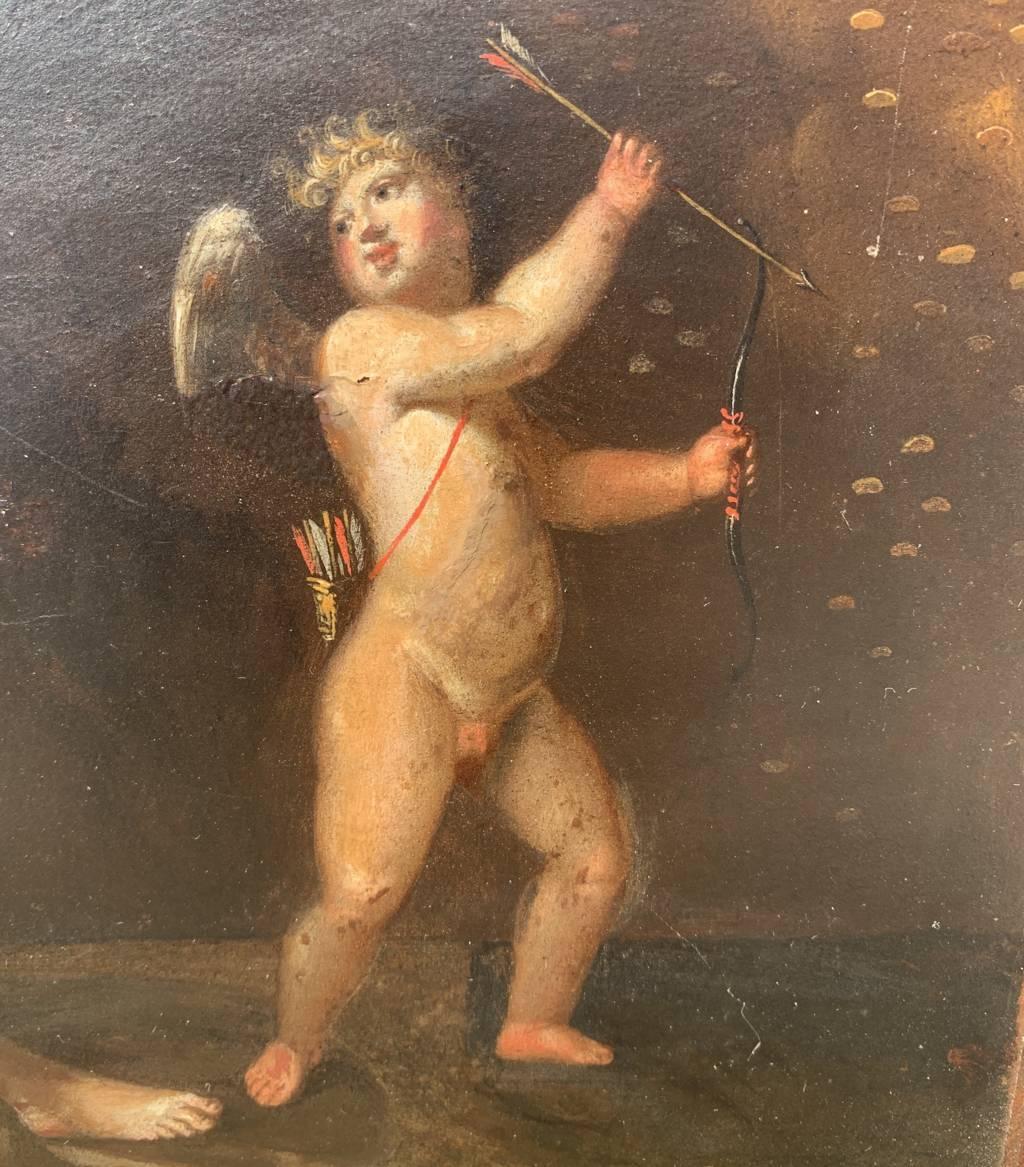 Maestro barroco italiano - Pintura figurativa del siglo XVII - Dánae cupido - Tabla al óleo en venta 3