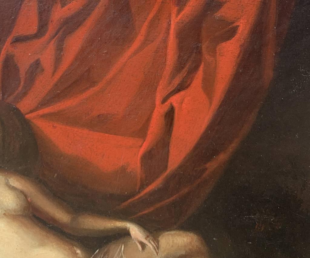 Maestro barroco italiano - Pintura figurativa del siglo XVII - Dánae cupido - Tabla al óleo en venta 4