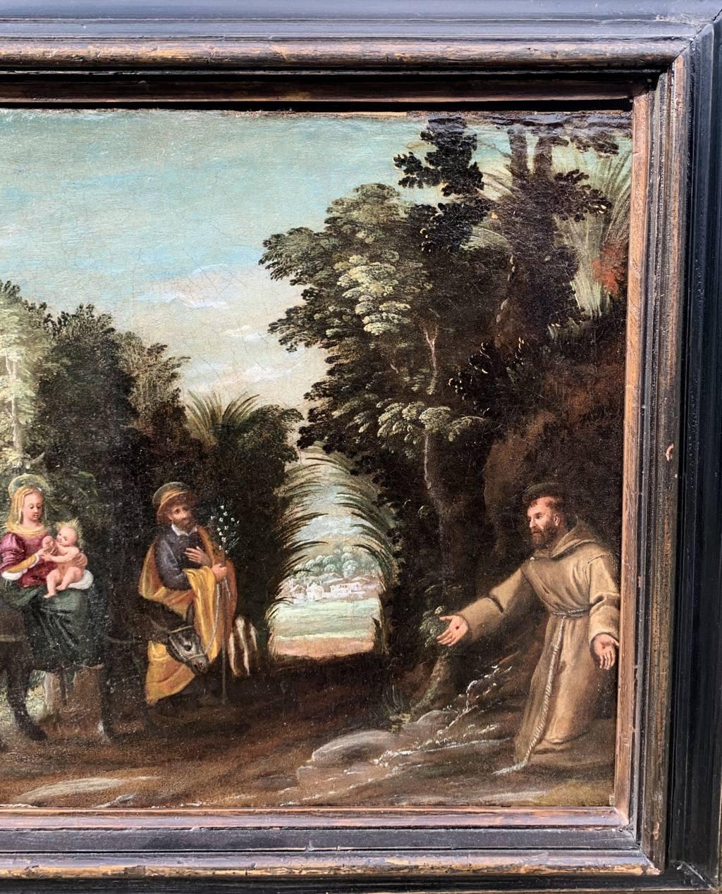 Maestro barroco italiano - Pintura de figuras del siglo XVII - La huida a Egipto - Landscape Painting Negro de Unknown