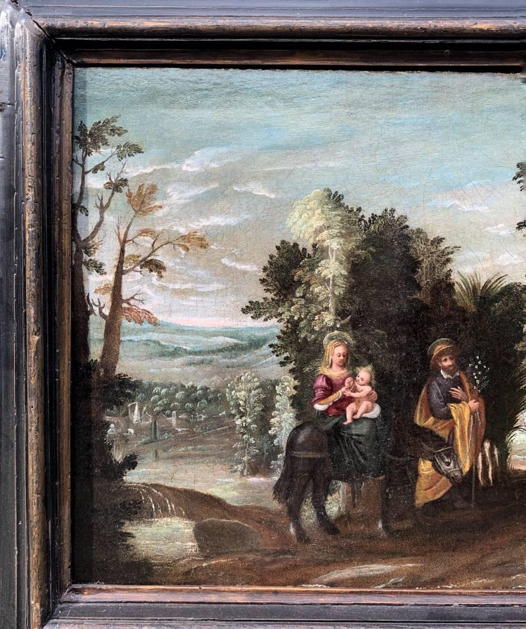 Maestro barroco italiano - Pintura de figuras del siglo XVII - La huida a Egipto en venta 1