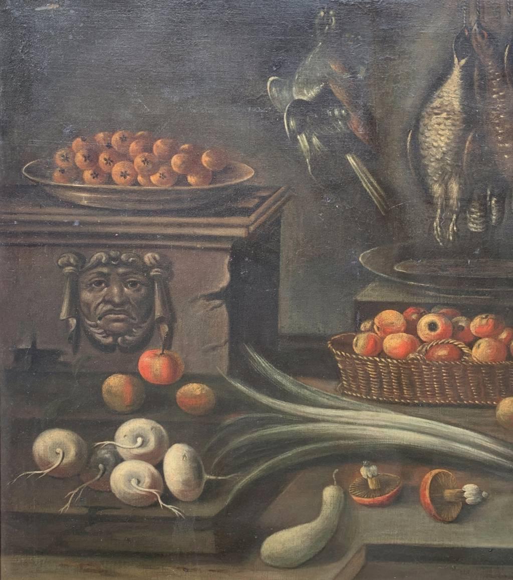 Maestro barroco italiano - Pintura de principios del siglo XVII - Bodegón Interior - Still-Life Painting Negro de Unknown