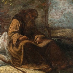 Peintre italien baroque - peinture de figures du 17e au 18e siècle - frère franciscain à l'ombre d'un arbre