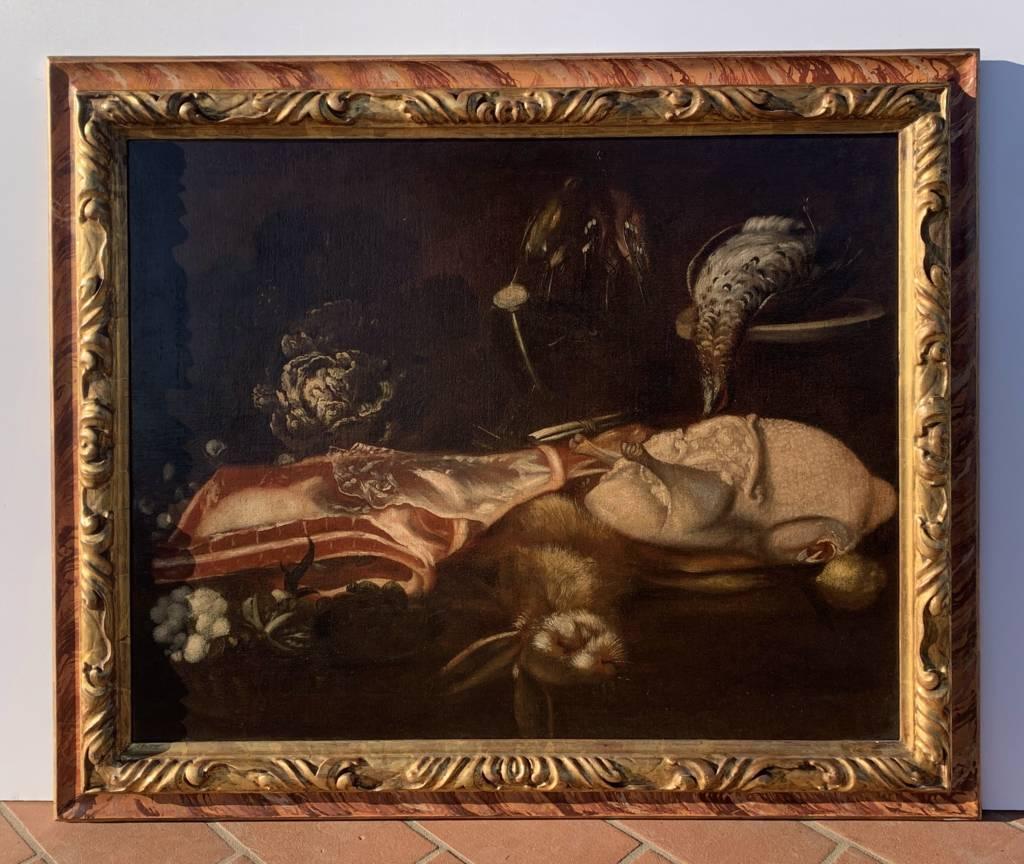 Pittore italiano barocco - Natura morta del 17/18° secolo - Carne e selvaggina - Figurative Painting Marrone di Unknown