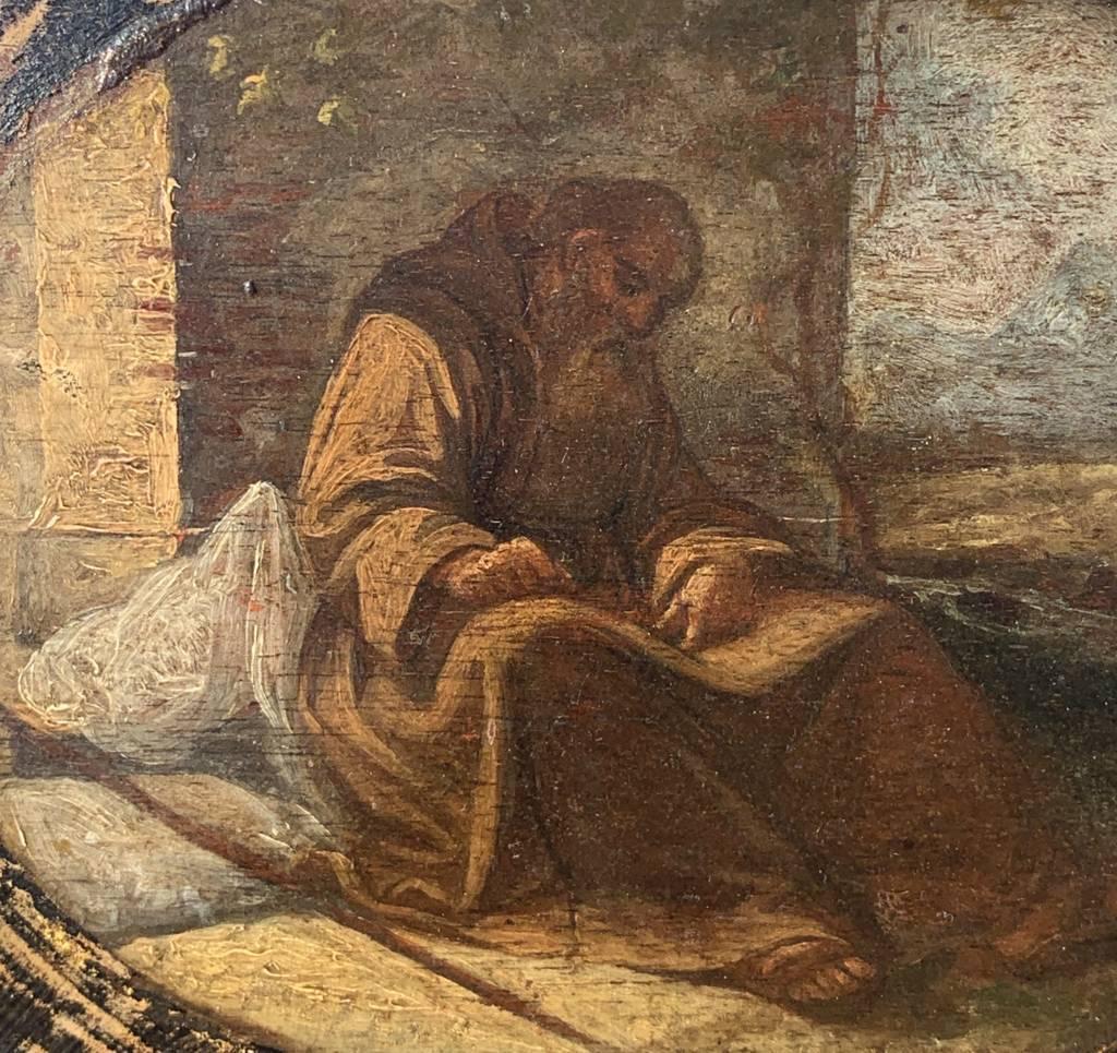 Pittore italiano (XVII-XVIII secolo) - Frate francescano pellegrino seduto che scrive (schizzo preparatorio).

14 x 16.5 cm.

Antico dipinto a olio su tavola, senza cornice.

Rapporto sulle condizioni: Buono stato di conservazione della superficie