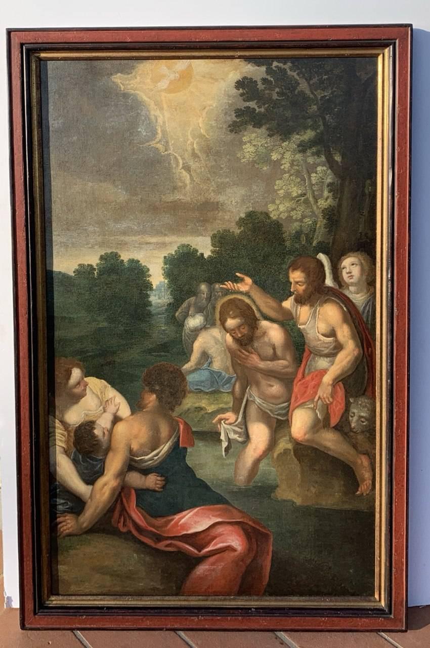 Pintor barroco italiano - pintura de figuras del siglo XVII - Bautismo de Jesús - Landscape Painting Negro de Unknown