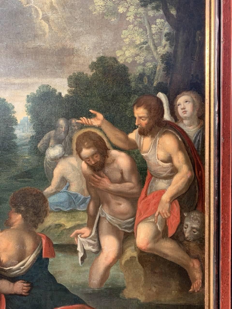 Pintor italiano (siglo XVII) - Bautismo de Cristo.

122 x 74 cm sin marco, 133 x 86 cm con marco.

Óleo antiguo sobre lienzo, en marco de madera.

Informe de estado: Lona forrada. Buen estado de conservación de la superficie pictórica, hay huellas
