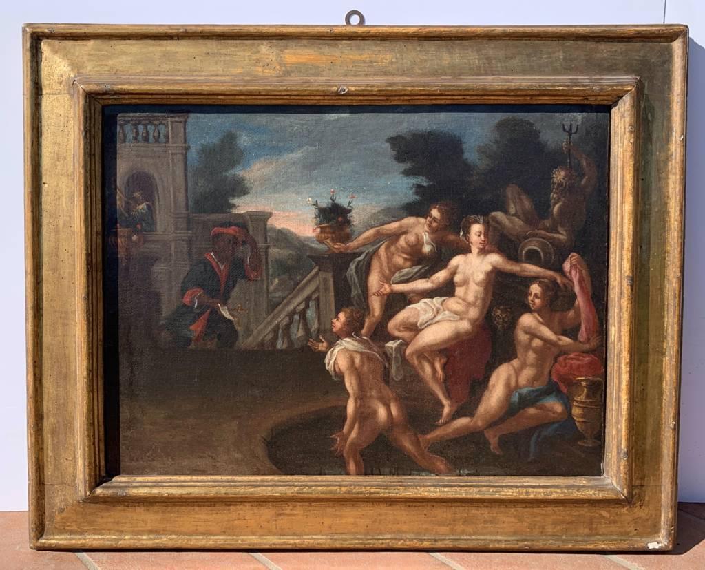 Peintre italien baroque - Peinture de figures du XVIIe siècle - Bathsheba au bain - Painting de Unknown