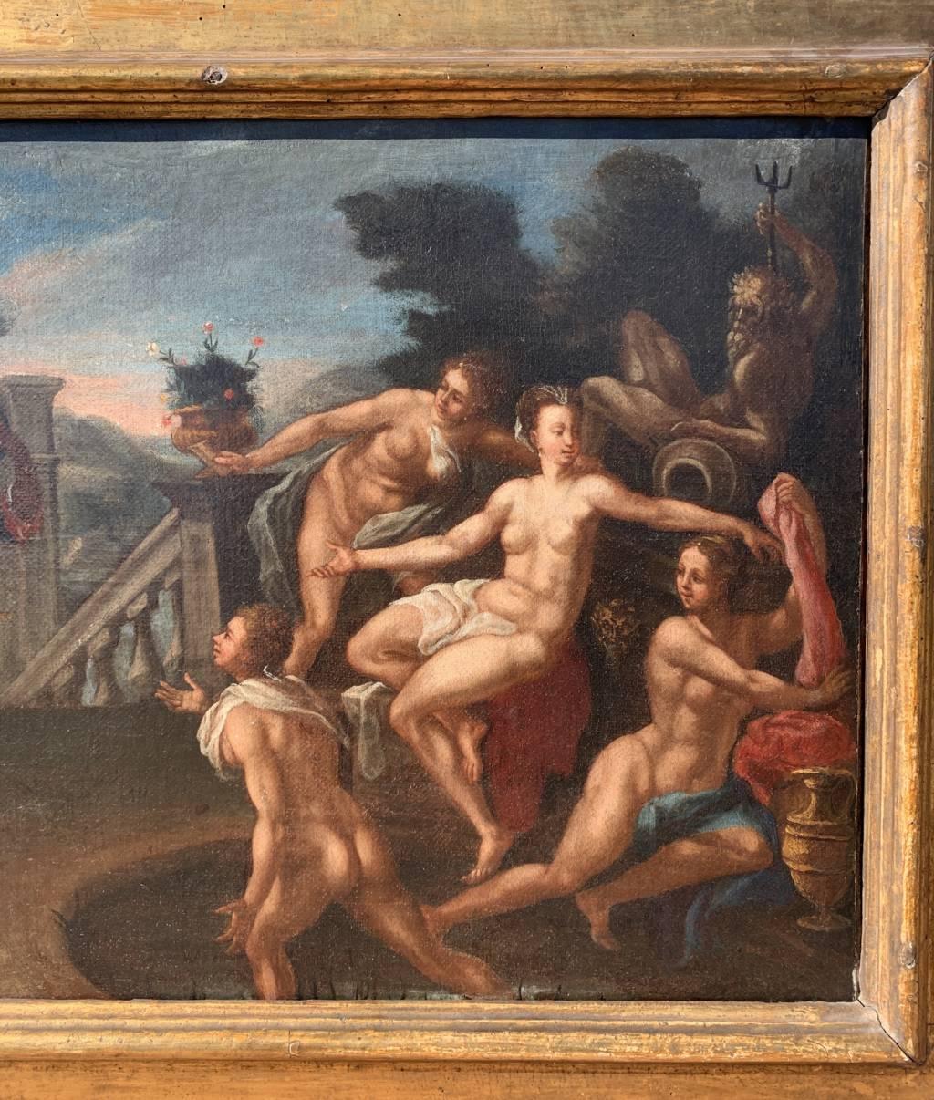 Italian master (17th century) - David and Bathsheba bathing.

49.5 x 64.5 cm without frame, 68 x 84 cm with frame.

Antique oil painting on canvas, in an antique carved and gilded wooden frame.

Condition report: Lined canvas. Good condition of the
