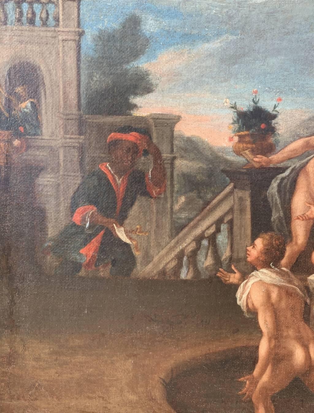 Maître italien (XVIIe siècle) - David et Bethsabée se baignant.

49,5 x 64,5 cm sans cadre, 68 x 84 cm avec cadre.

Peinture à l'huile ancienne sur toile, dans un cadre ancien en bois sculpté et doré.

État des lieux : Toile doublée. Bon état de la