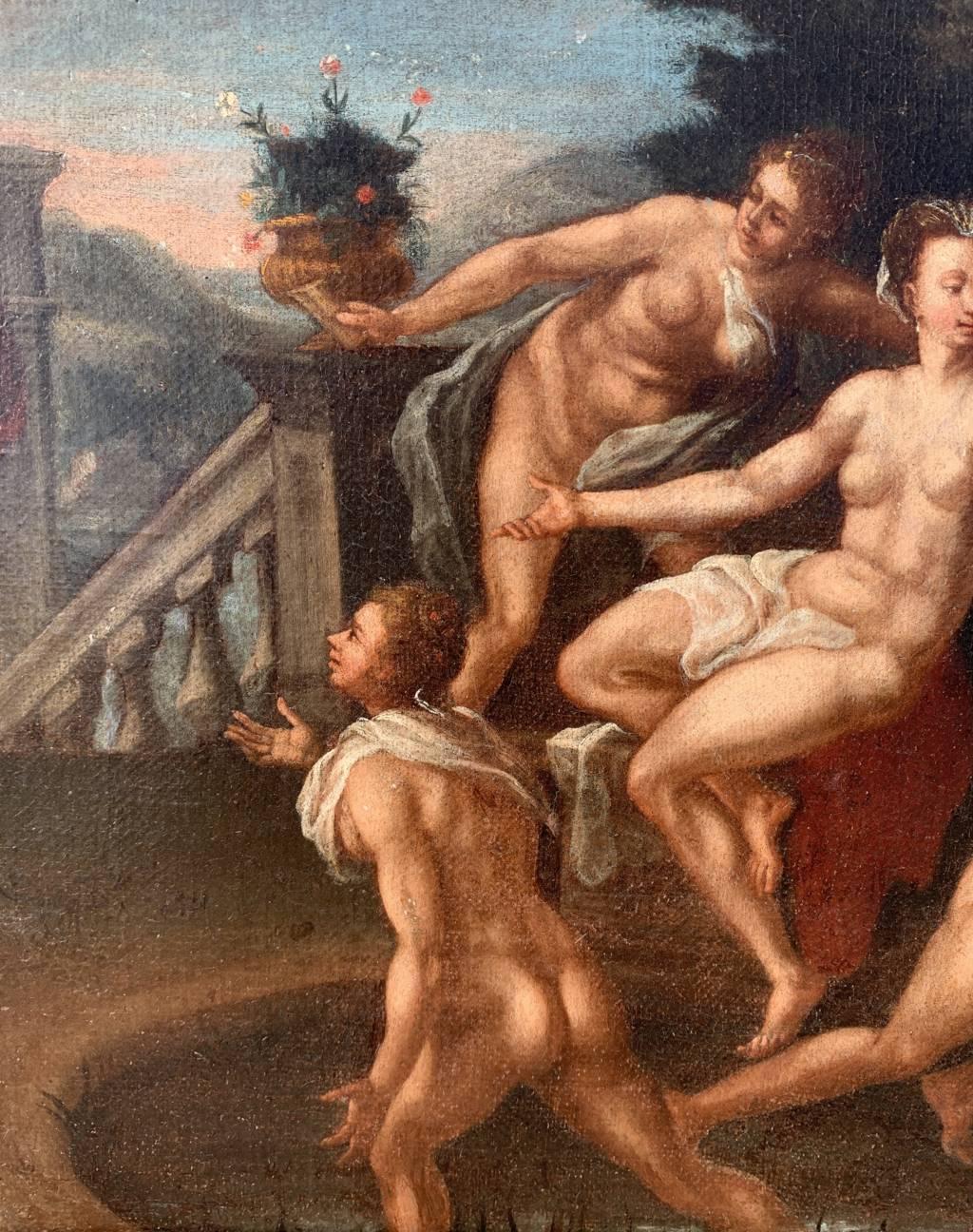 Peintre italien baroque - Peinture de figures du XVIIe siècle - Bathsheba au bain en vente 1